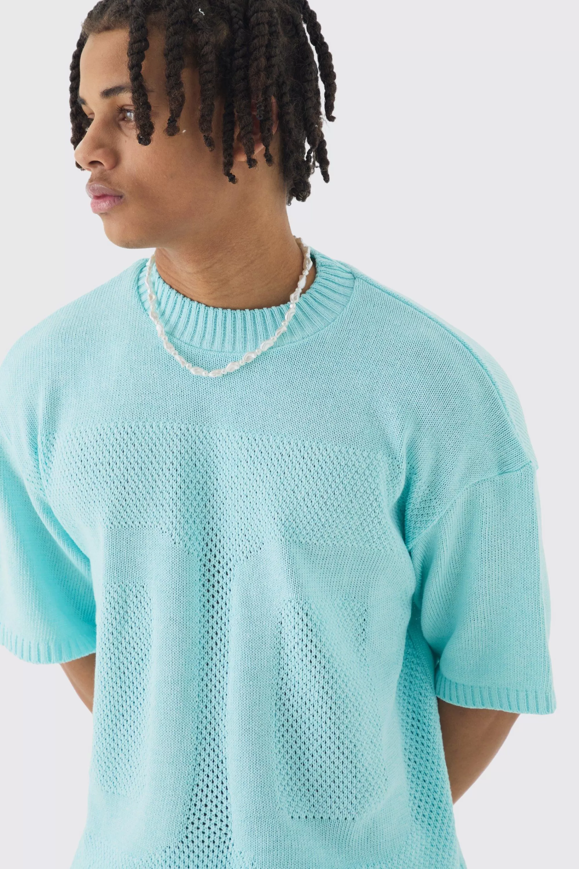 boohooMAN Oversized Open Stitch Tonal Varsity Knitted T-shirt | UK light blue Best Sale