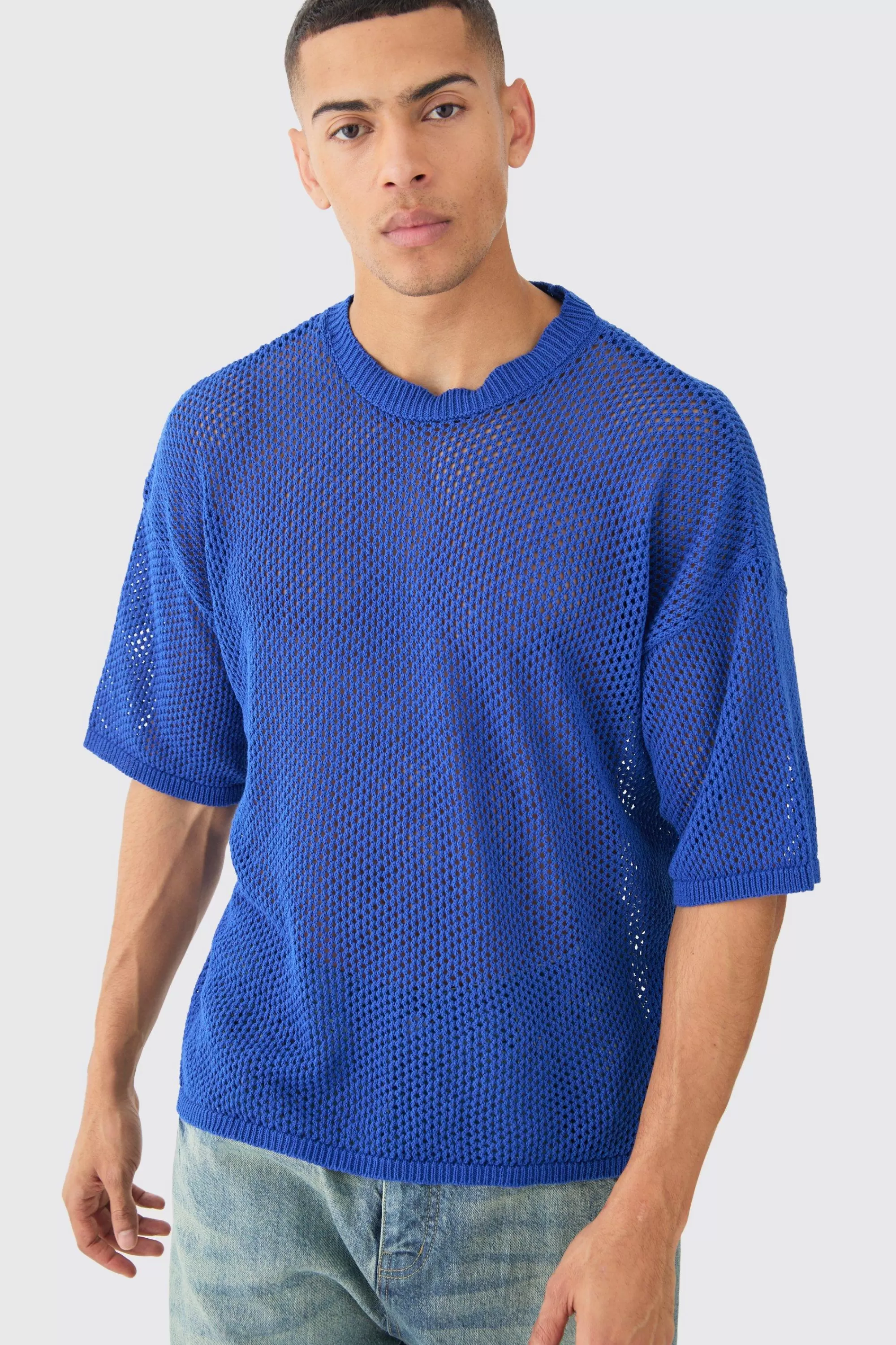 boohooMAN Oversized Open Stitch T-shirt In | UK cobalt Cheap