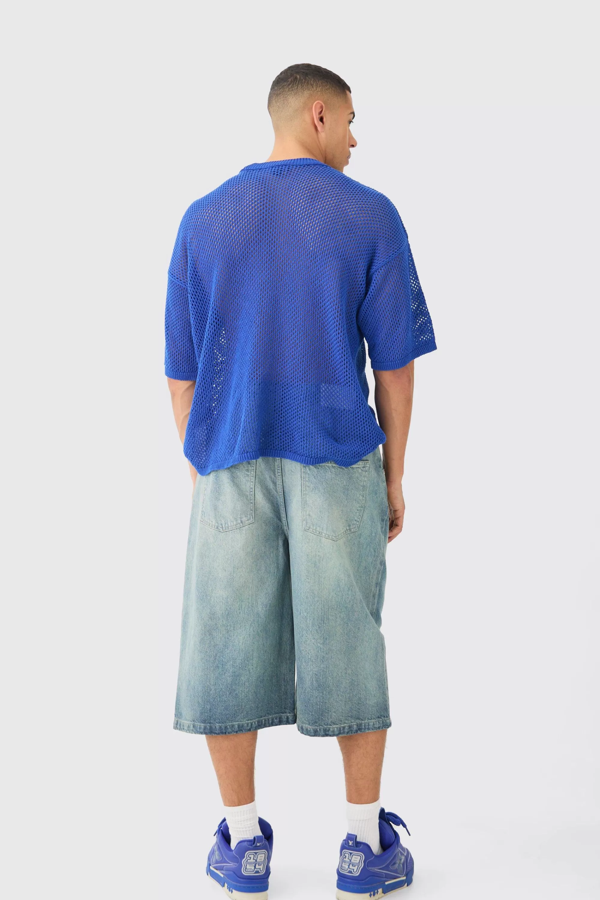 boohooMAN Oversized Open Stitch T-shirt In | UK cobalt Cheap
