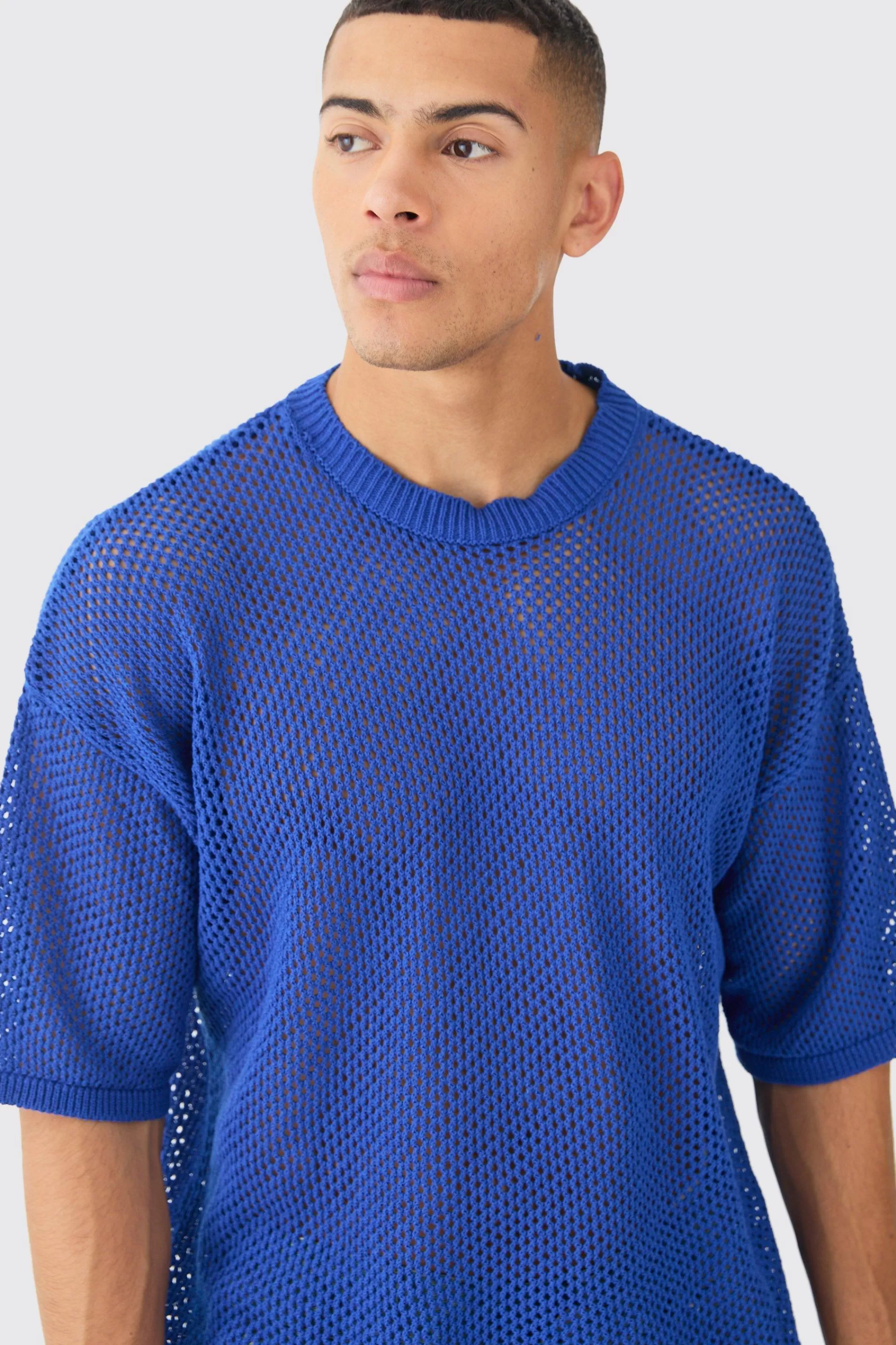 boohooMAN Oversized Open Stitch T-shirt In | UK cobalt Cheap
