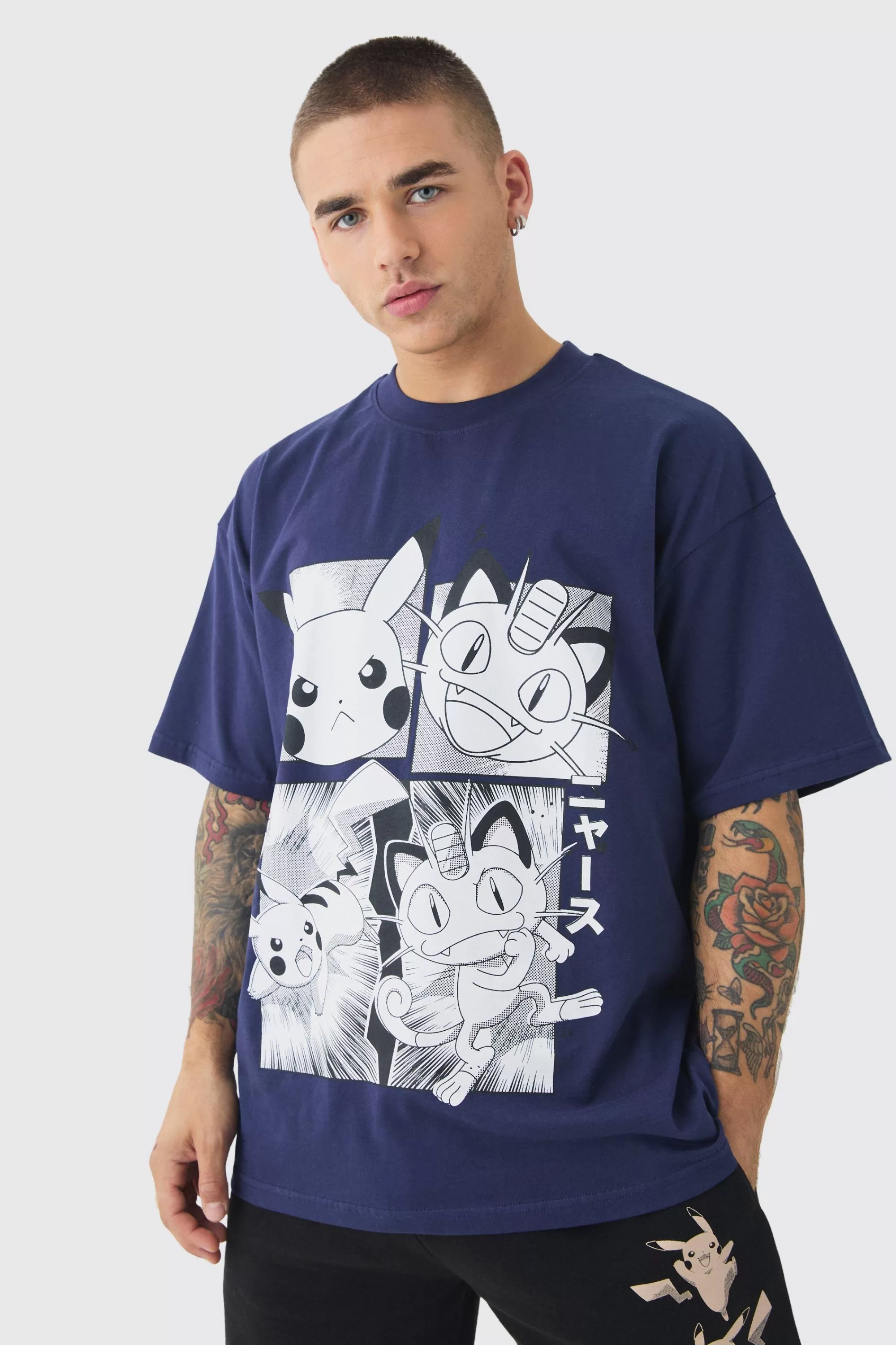 boohooMAN Oversized Pokemon Extended Neck License T-shirt | UK navy Hot
