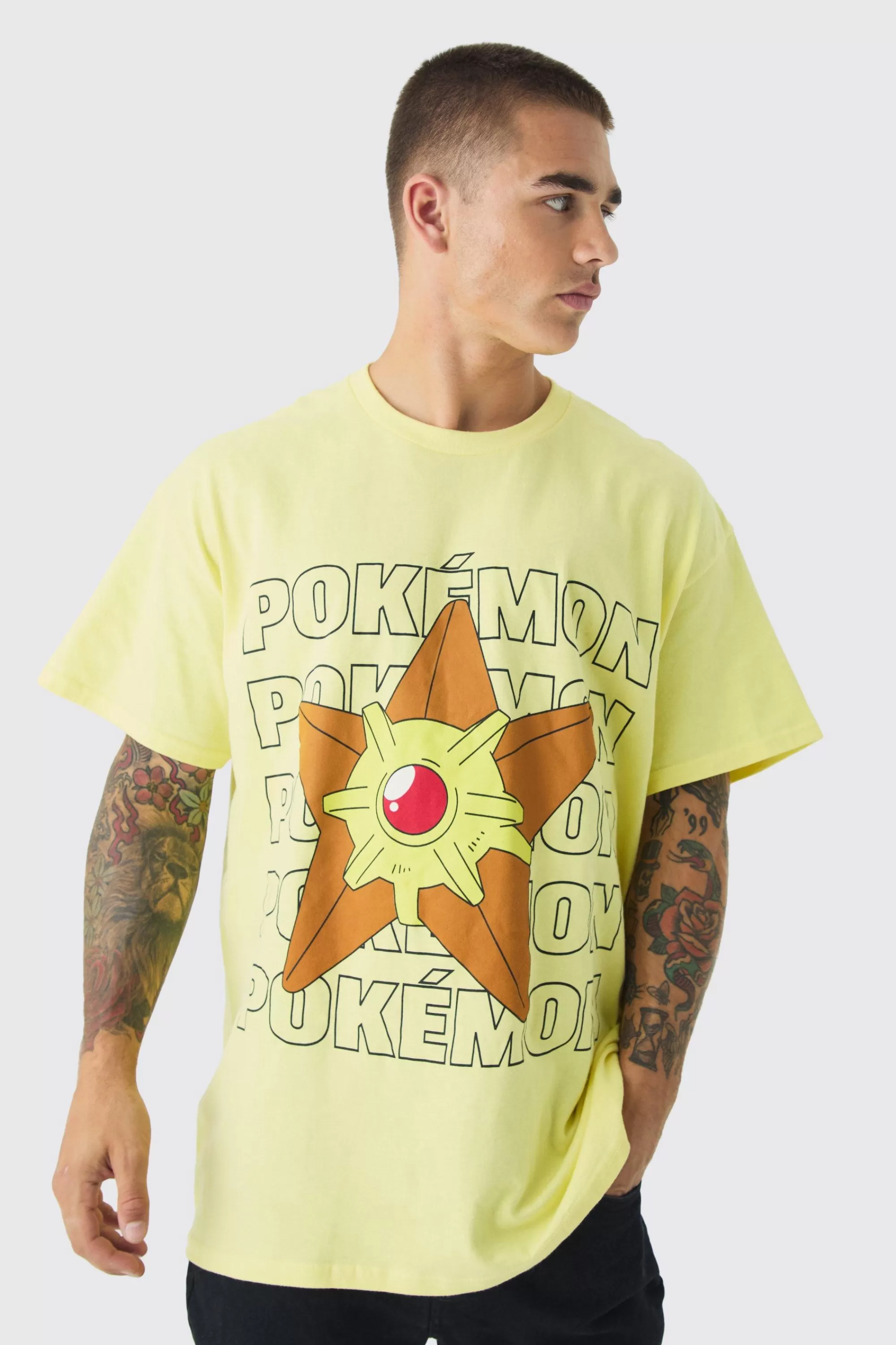 boohooMAN Oversized Pokemon Staryu License Print T-shirt | UK yellow Fashion