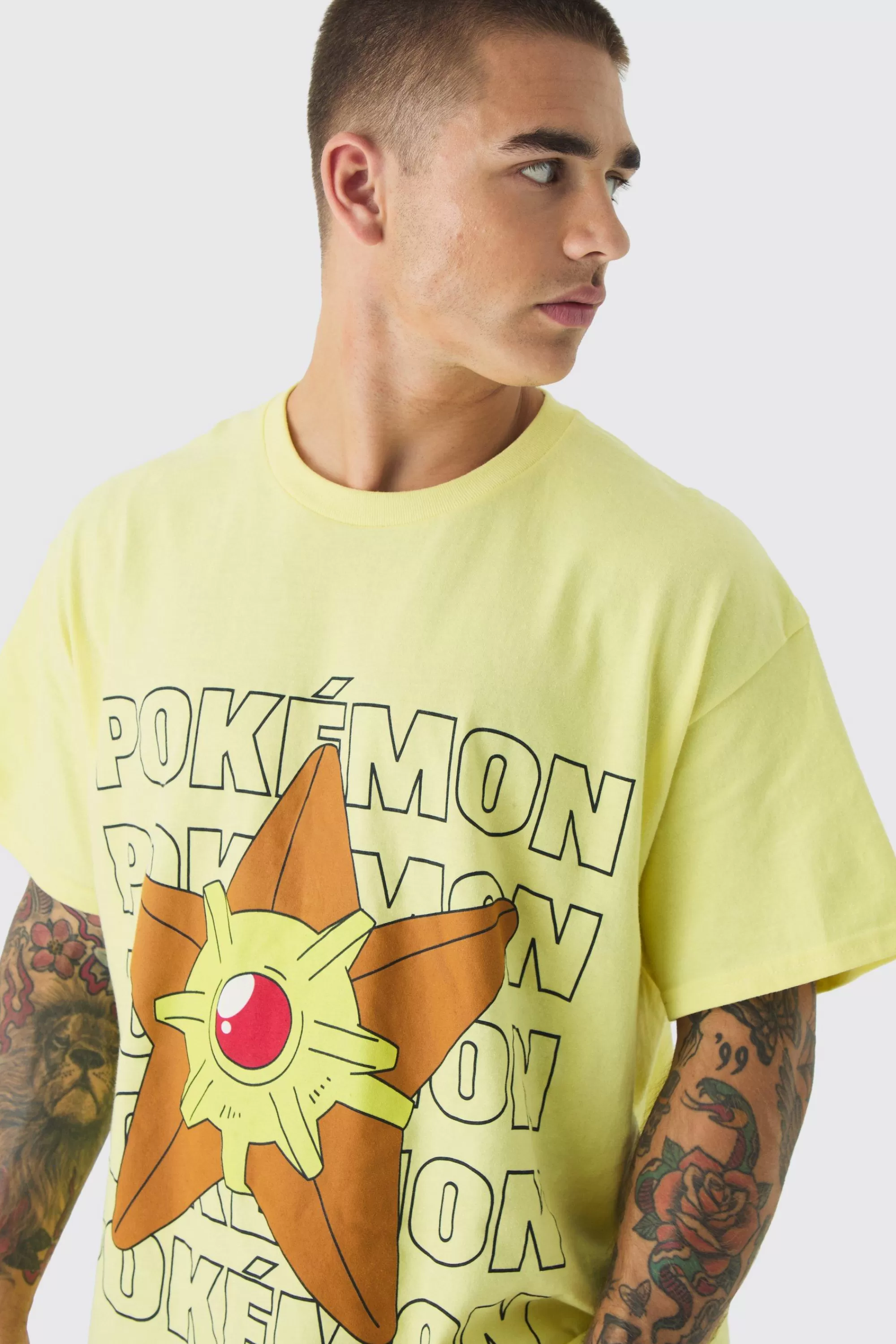 boohooMAN Oversized Pokemon Staryu License Print T-shirt | UK yellow Fashion