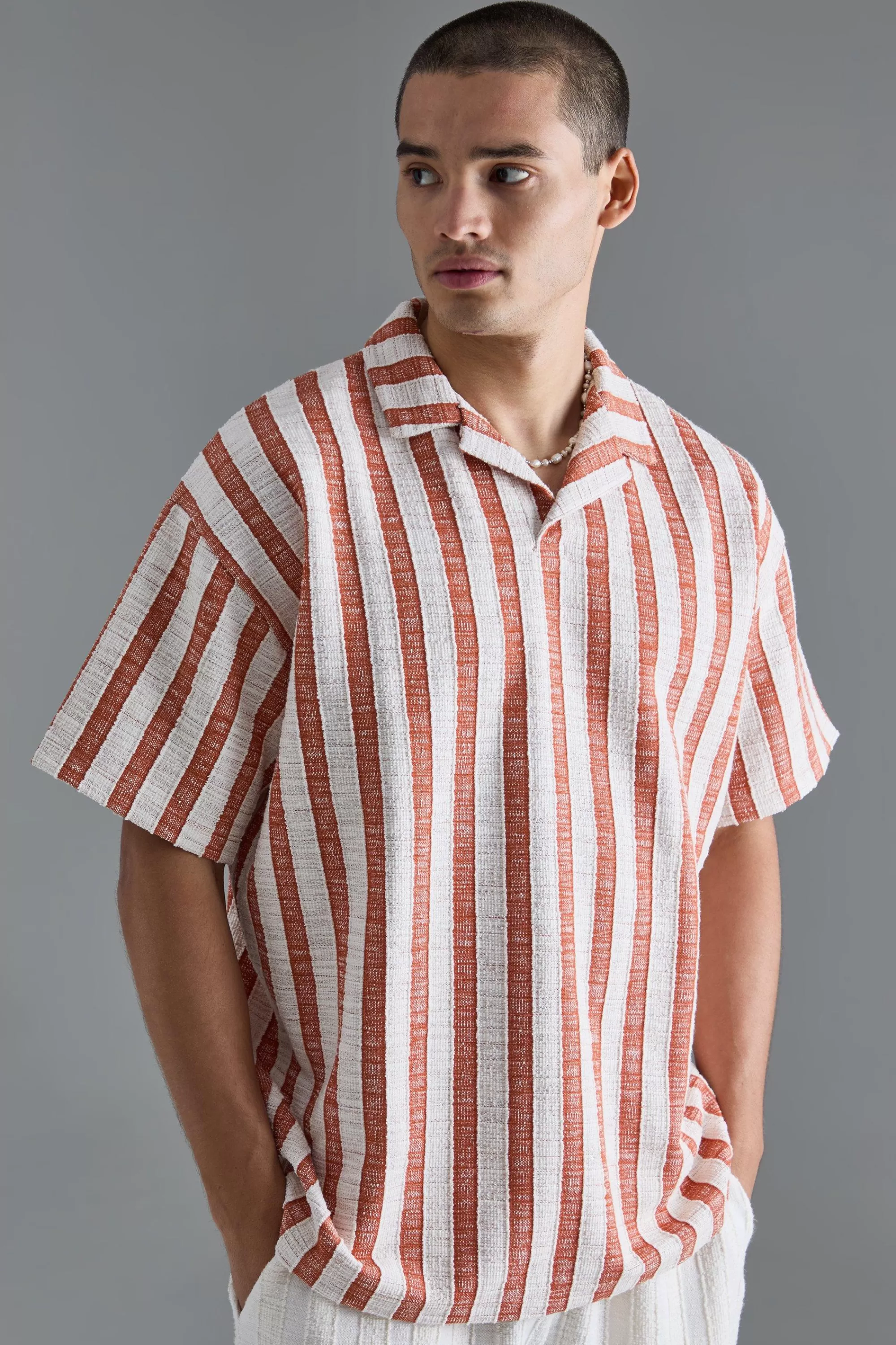boohooMAN Oversized Revere Textured Stripe Polo | UK multi Outlet