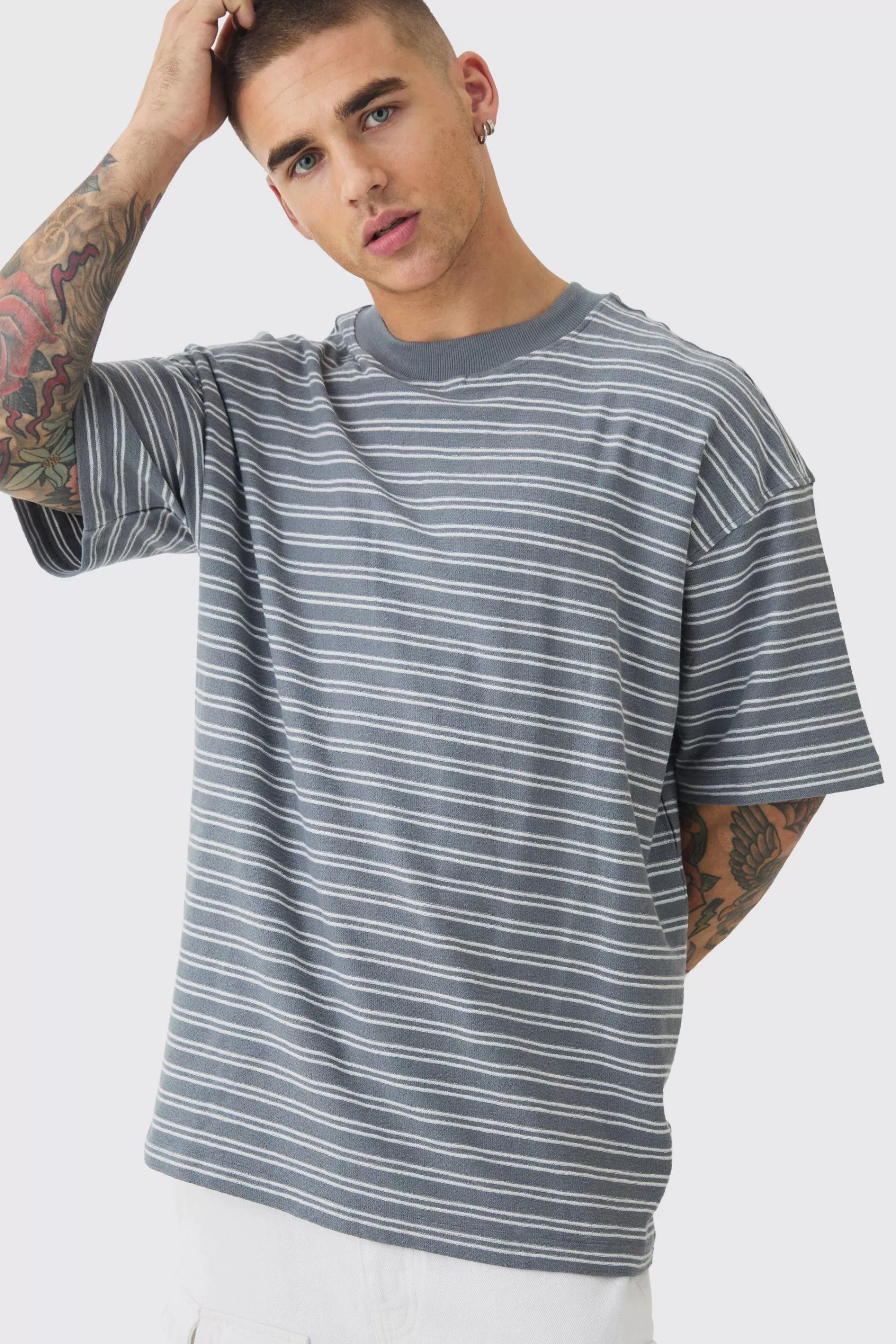 boohooMAN Oversized Ribbed Striped T-shirt | UK grey Best Sale