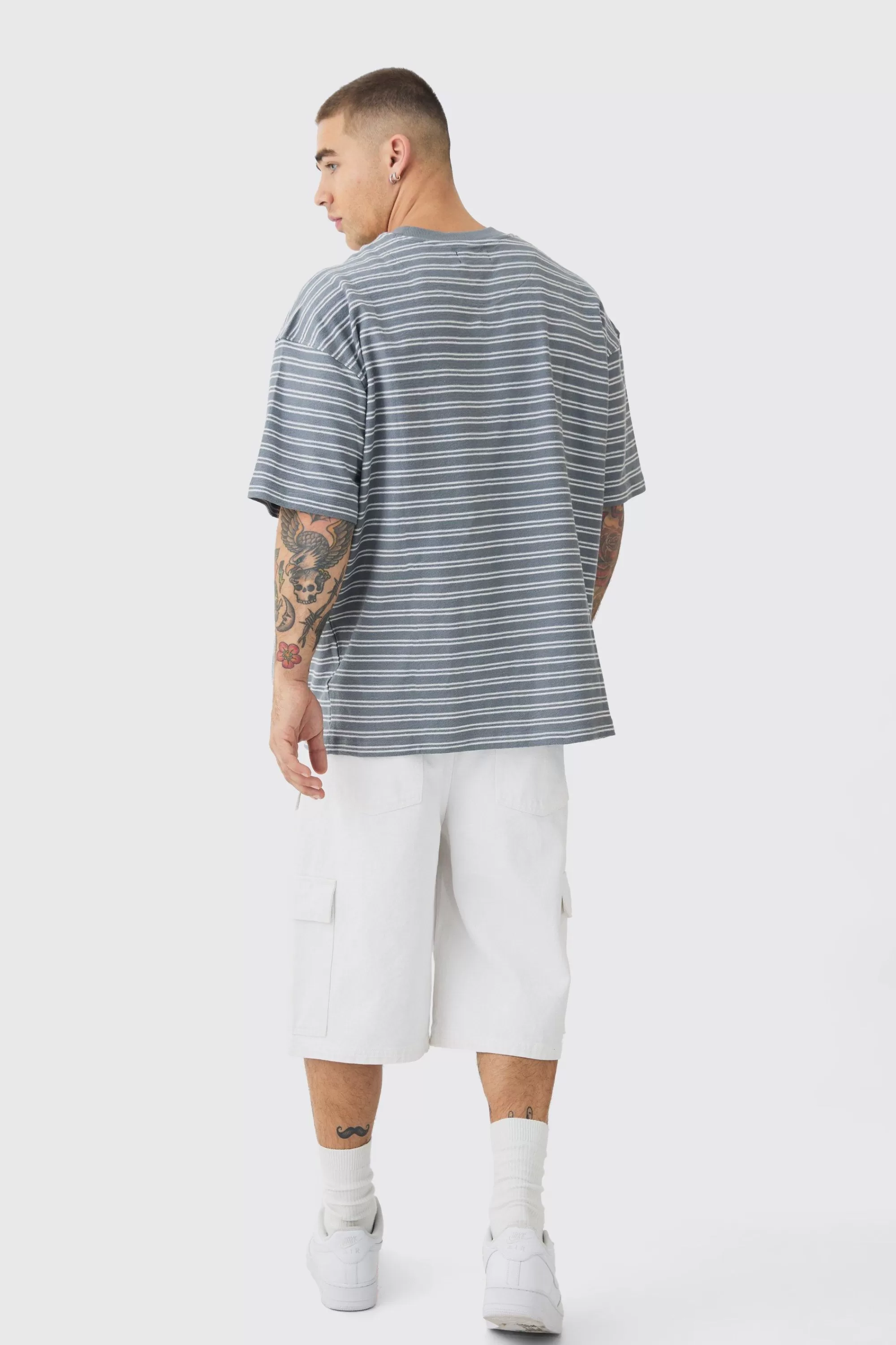 boohooMAN Oversized Ribbed Striped T-shirt | UK grey Best Sale