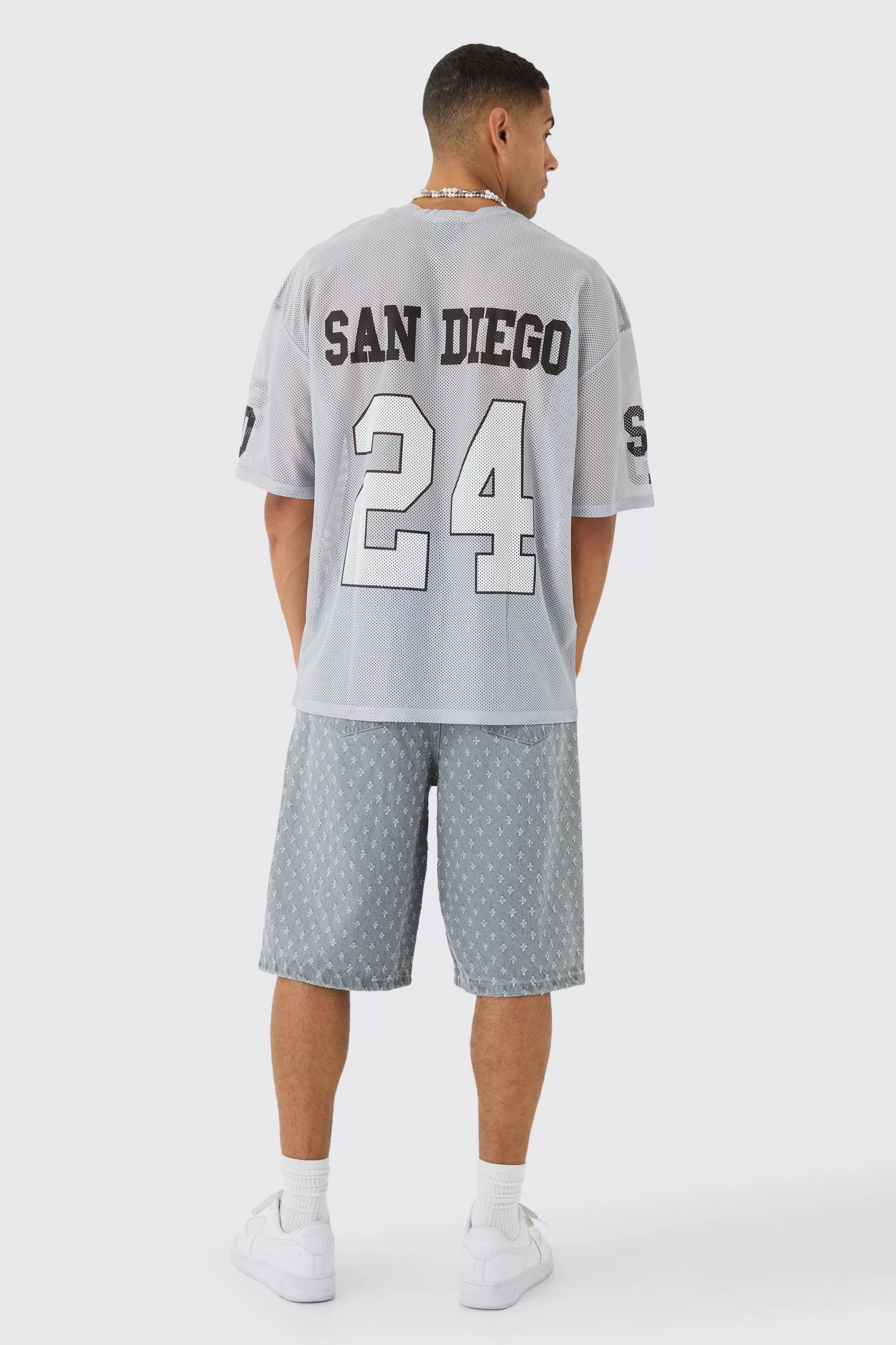boohooMAN Oversized San Diego Graphic Mesh Half Sleeve T-shirt | UK dusty blue Best