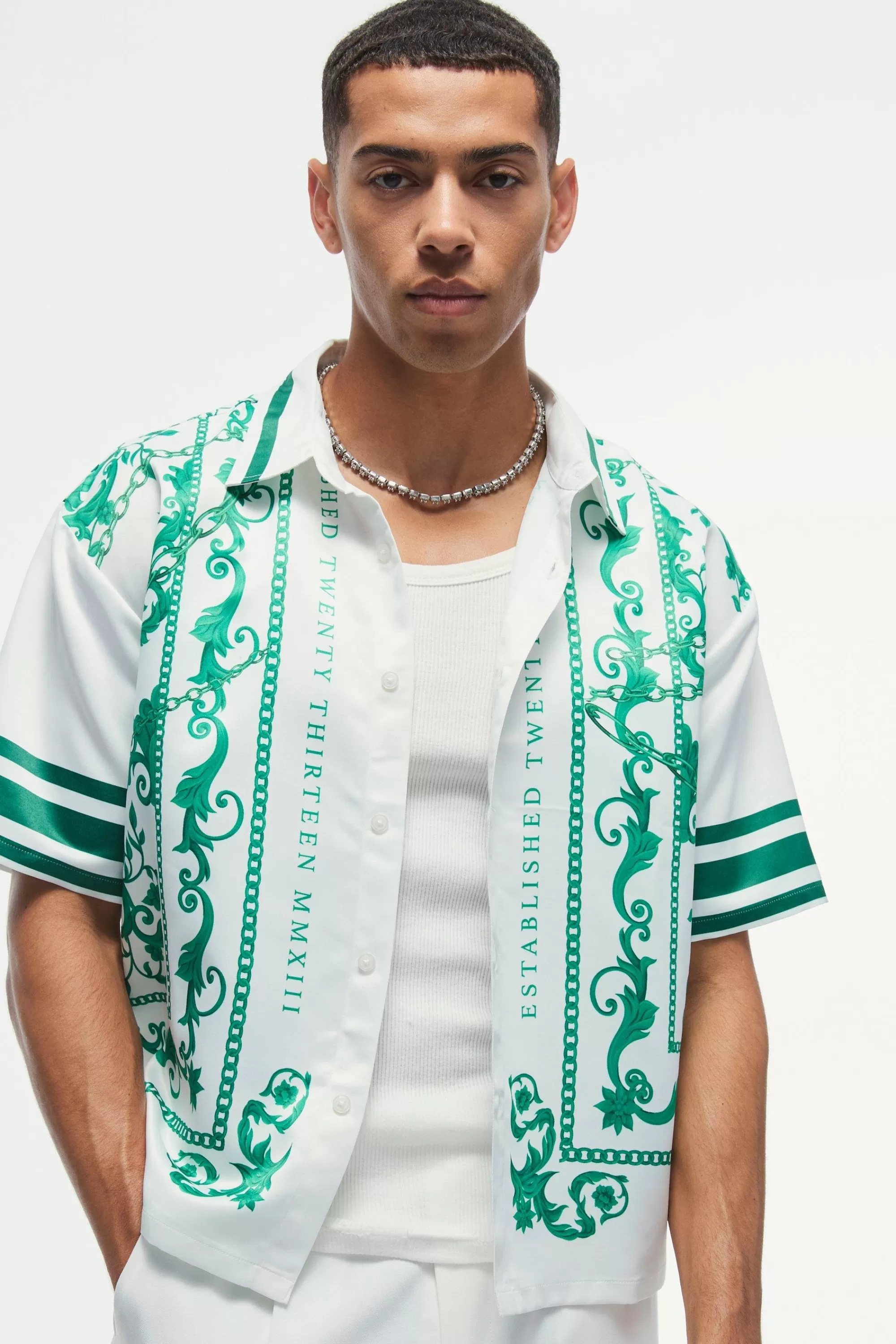 boohooMAN Oversized Satin Border Print Boxy Shirt | UK white New