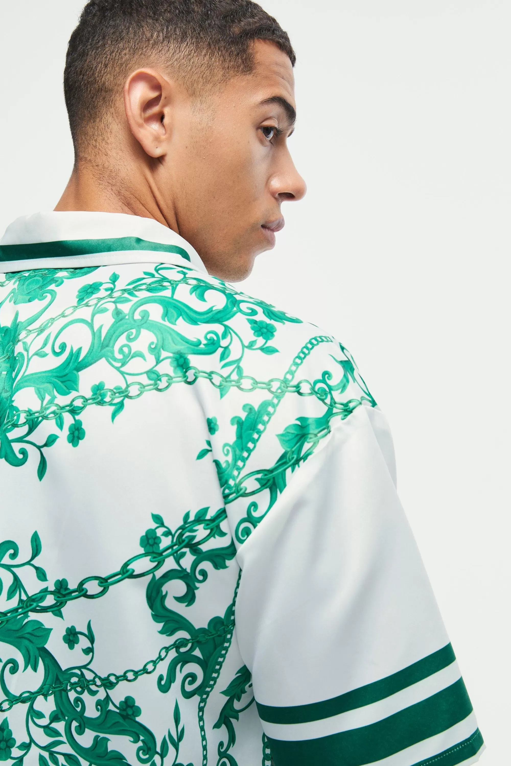 boohooMAN Oversized Satin Border Print Boxy Shirt | UK white New