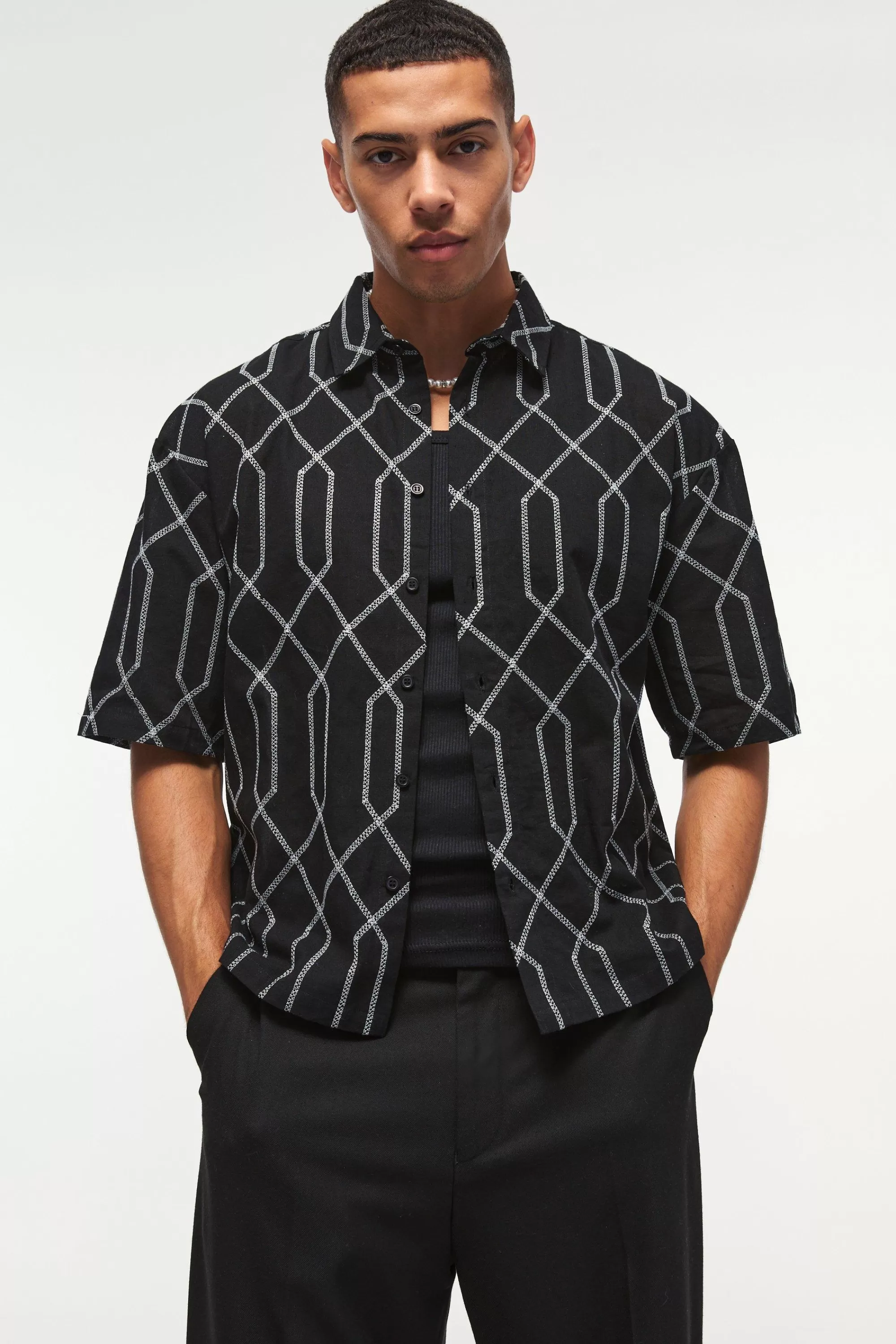 boohooMAN Oversized Short Sleeve Embroidered Boxy Shirt | UK black Flash Sale