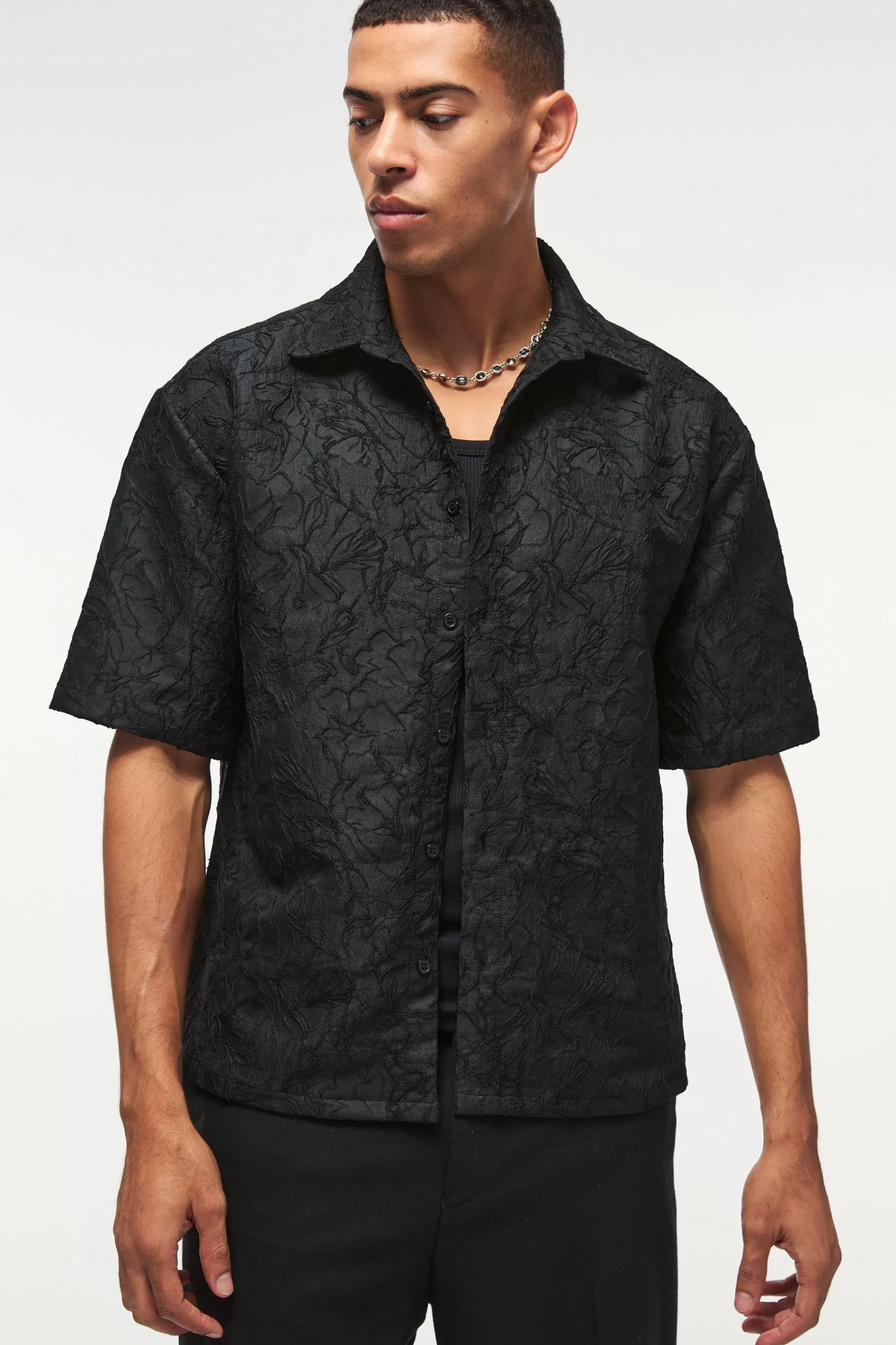 boohooMAN Oversized Short Sleeve Floral Jacquard Shirt | UK black Cheap