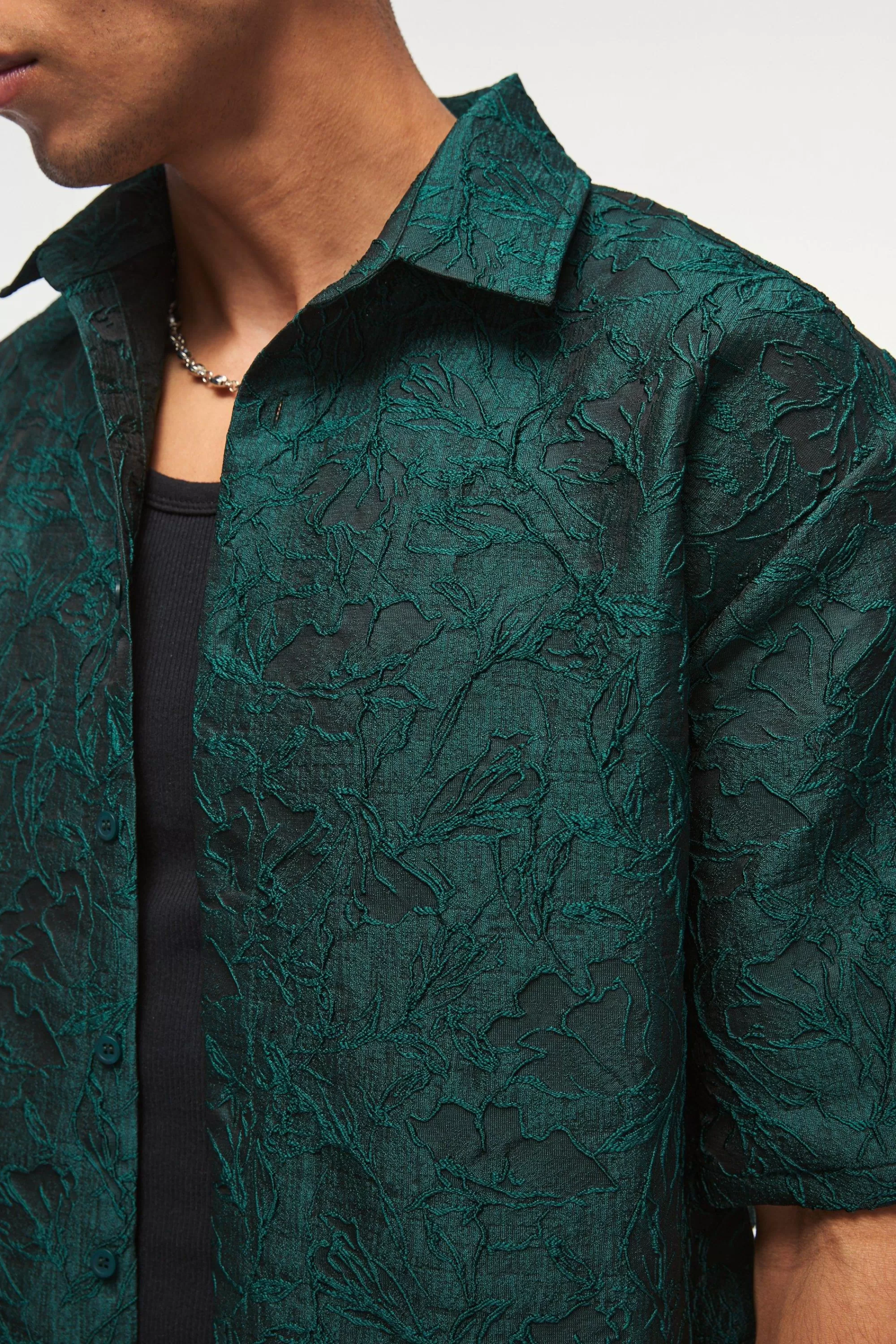boohooMAN Oversized Short Sleeve Floral Jacquard Shirt | UK green Discount