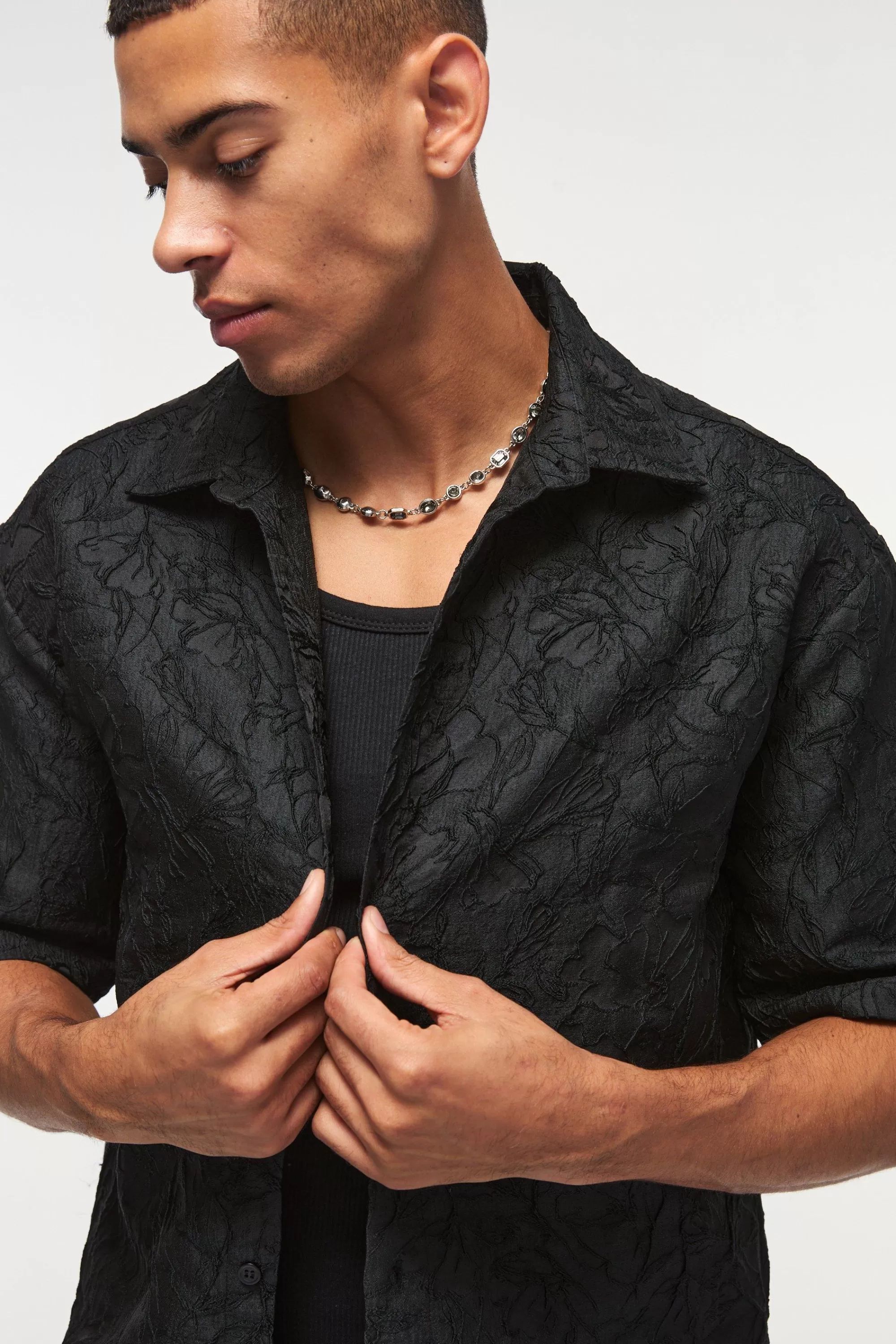 boohooMAN Oversized Short Sleeve Floral Jacquard Shirt | UK black Cheap