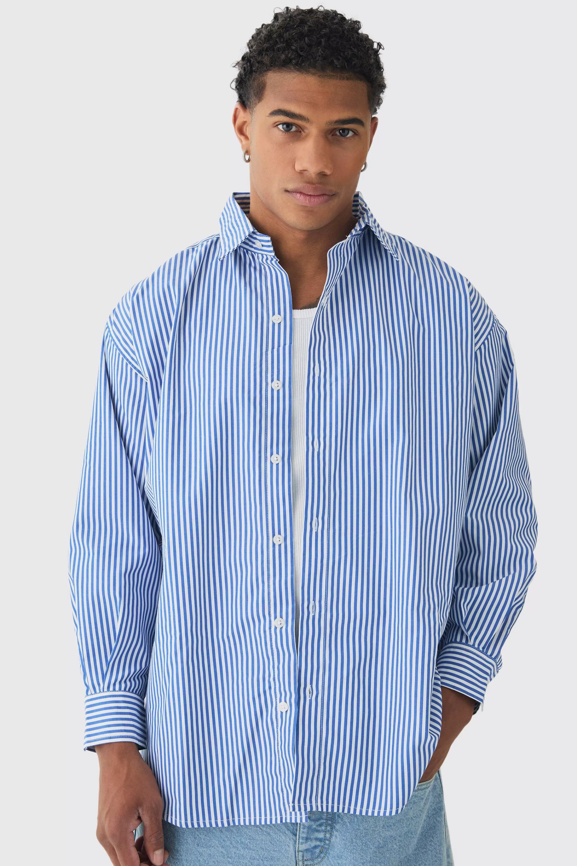 boohooMAN Oversized Striped Long Sleeve Shirt In | UK blue Online