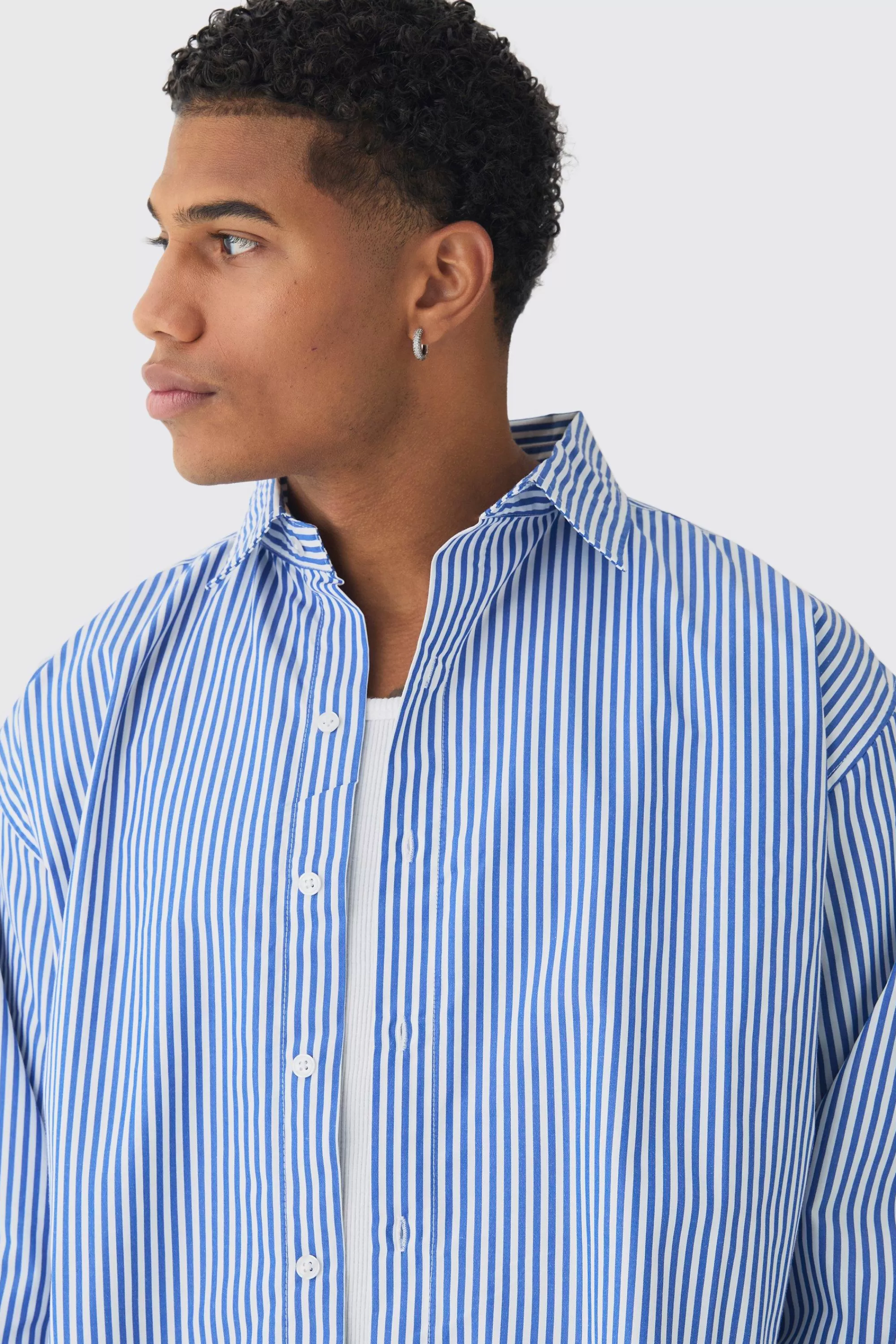 boohooMAN Oversized Striped Long Sleeve Shirt In | UK blue Online