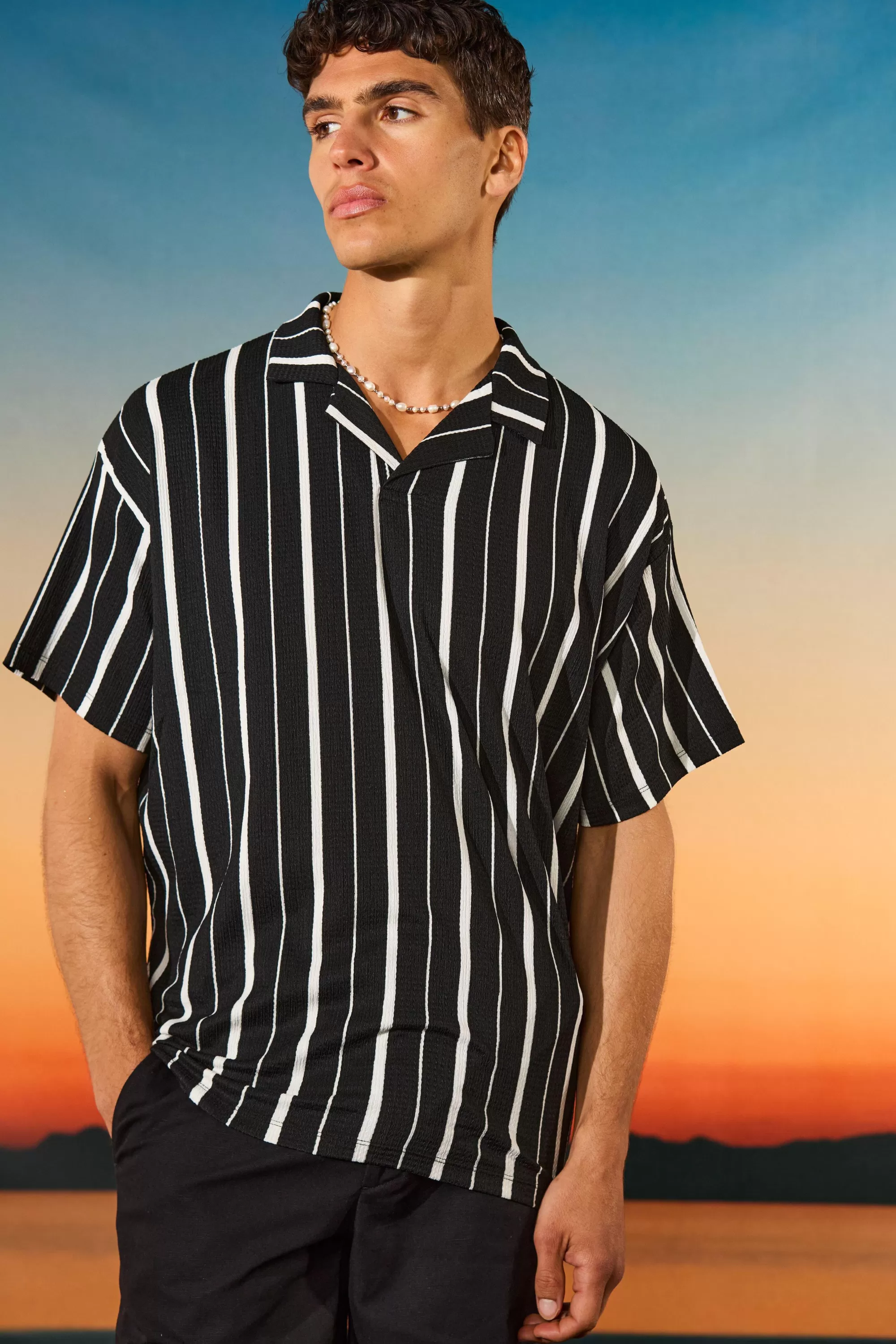 boohooMAN Oversized Texture Revere Polo | UK black Cheap