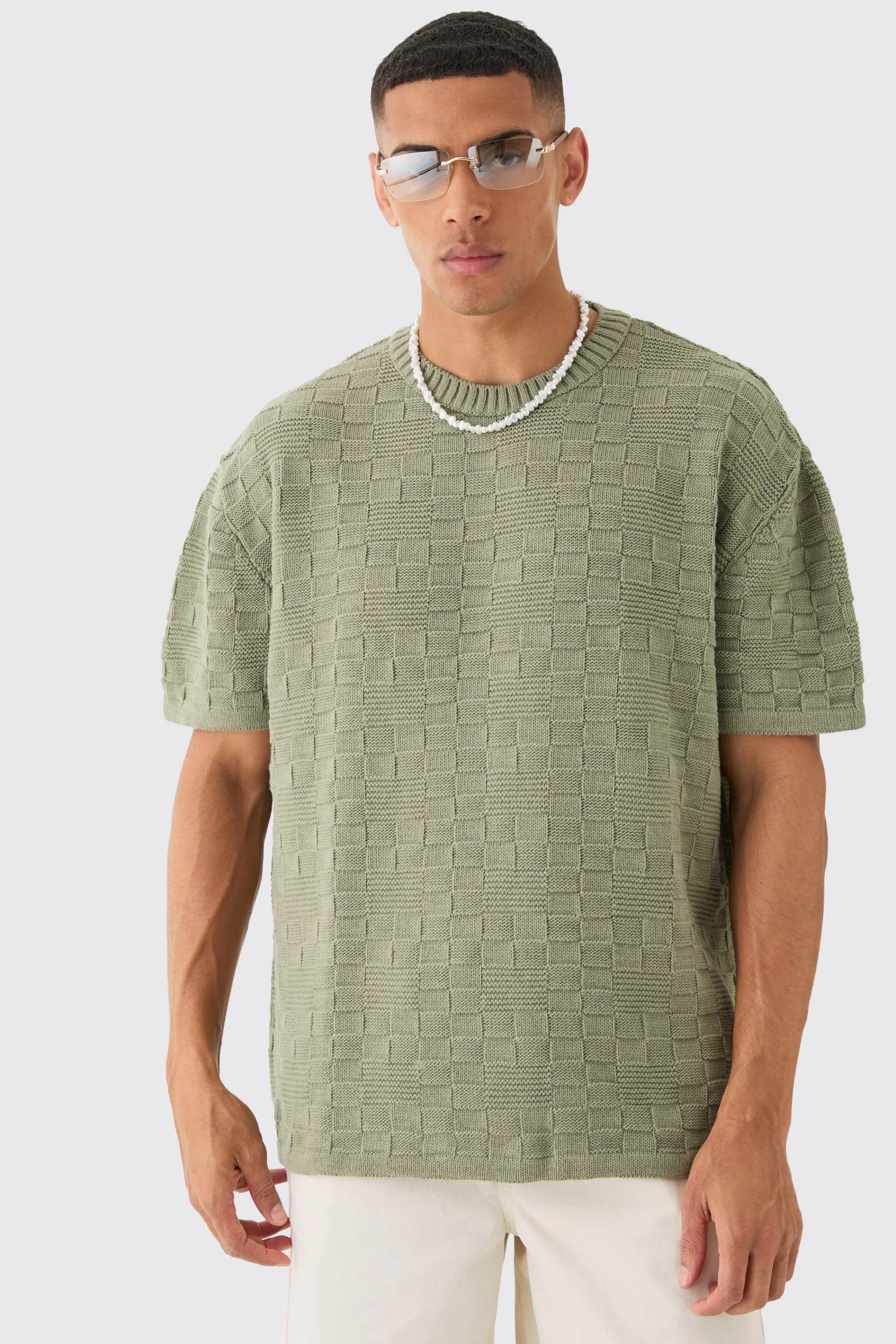 boohooMAN Oversized Textured Knit T-shirt In | UK khaki Outlet