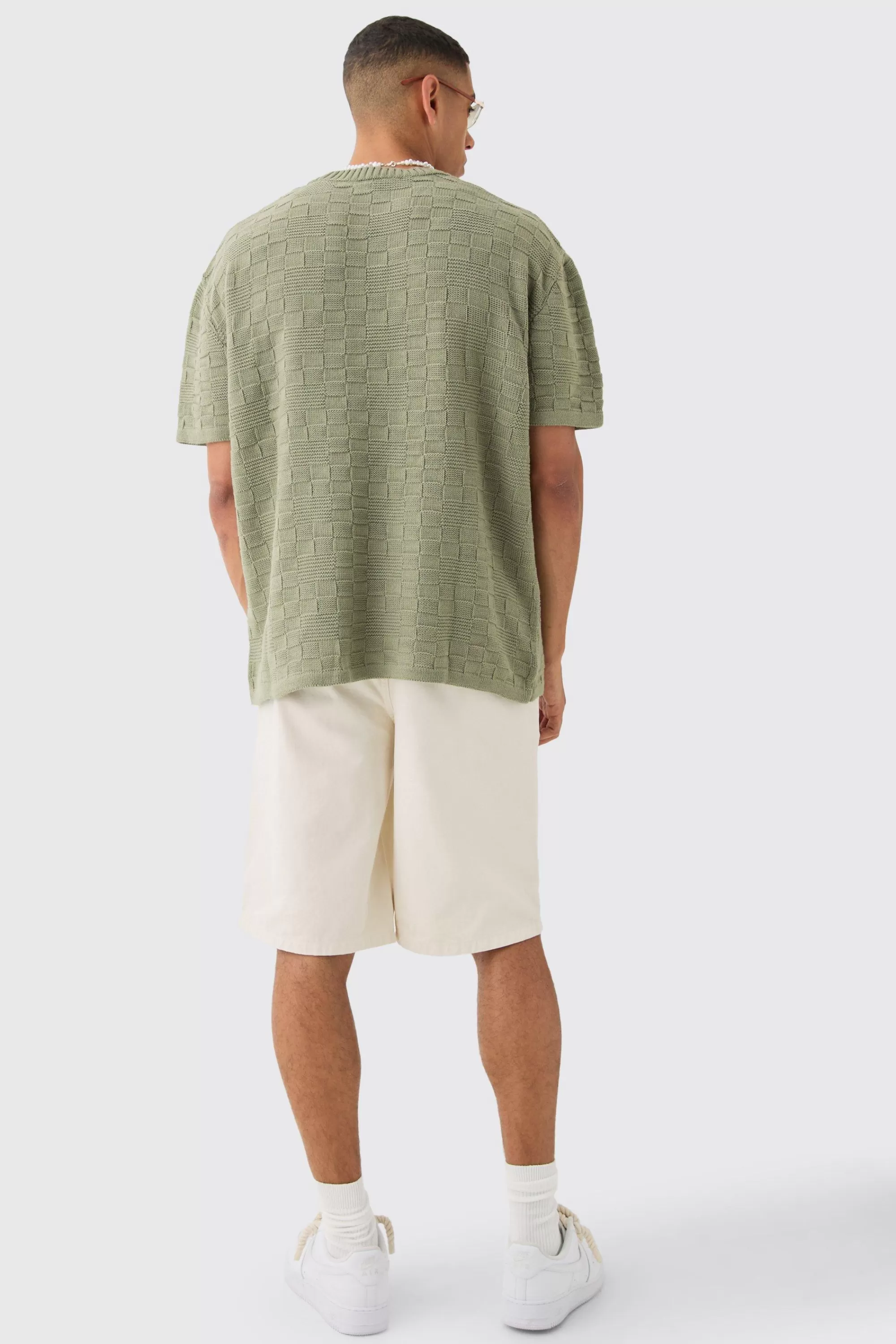 boohooMAN Oversized Textured Knit T-shirt In | UK khaki Outlet