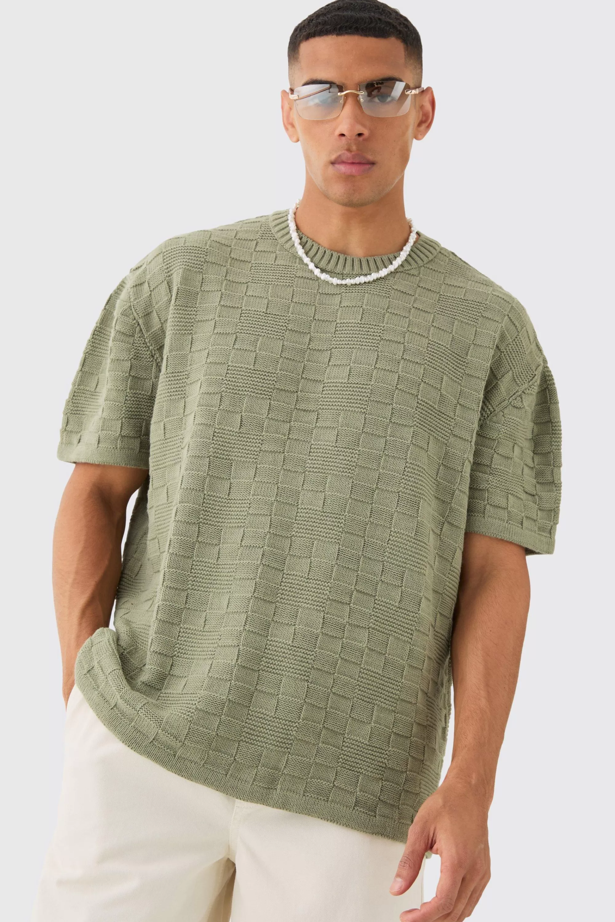 boohooMAN Oversized Textured Knit T-shirt In | UK khaki Outlet