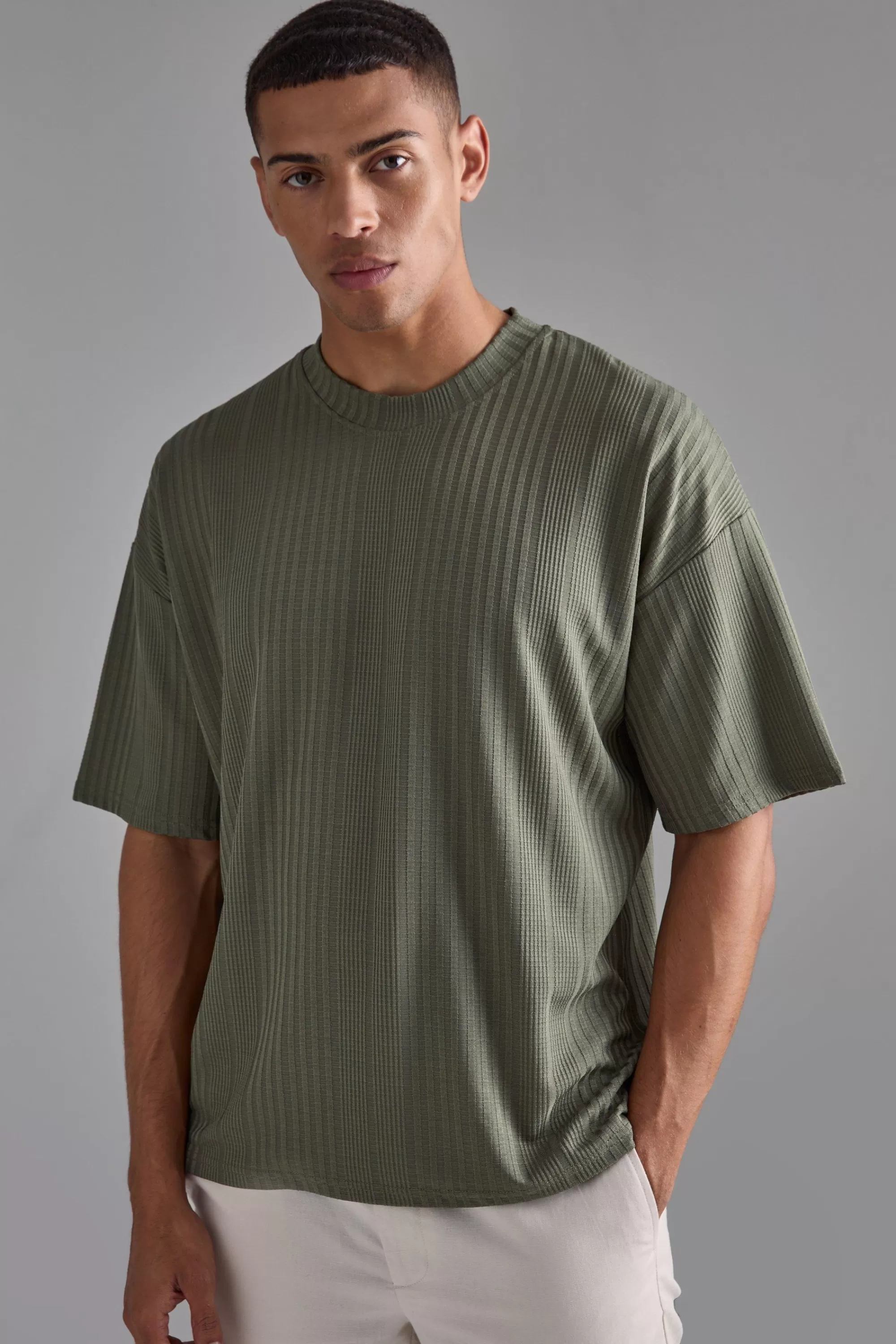 boohooMAN Oversized Textured T-shirt | UK khaki New