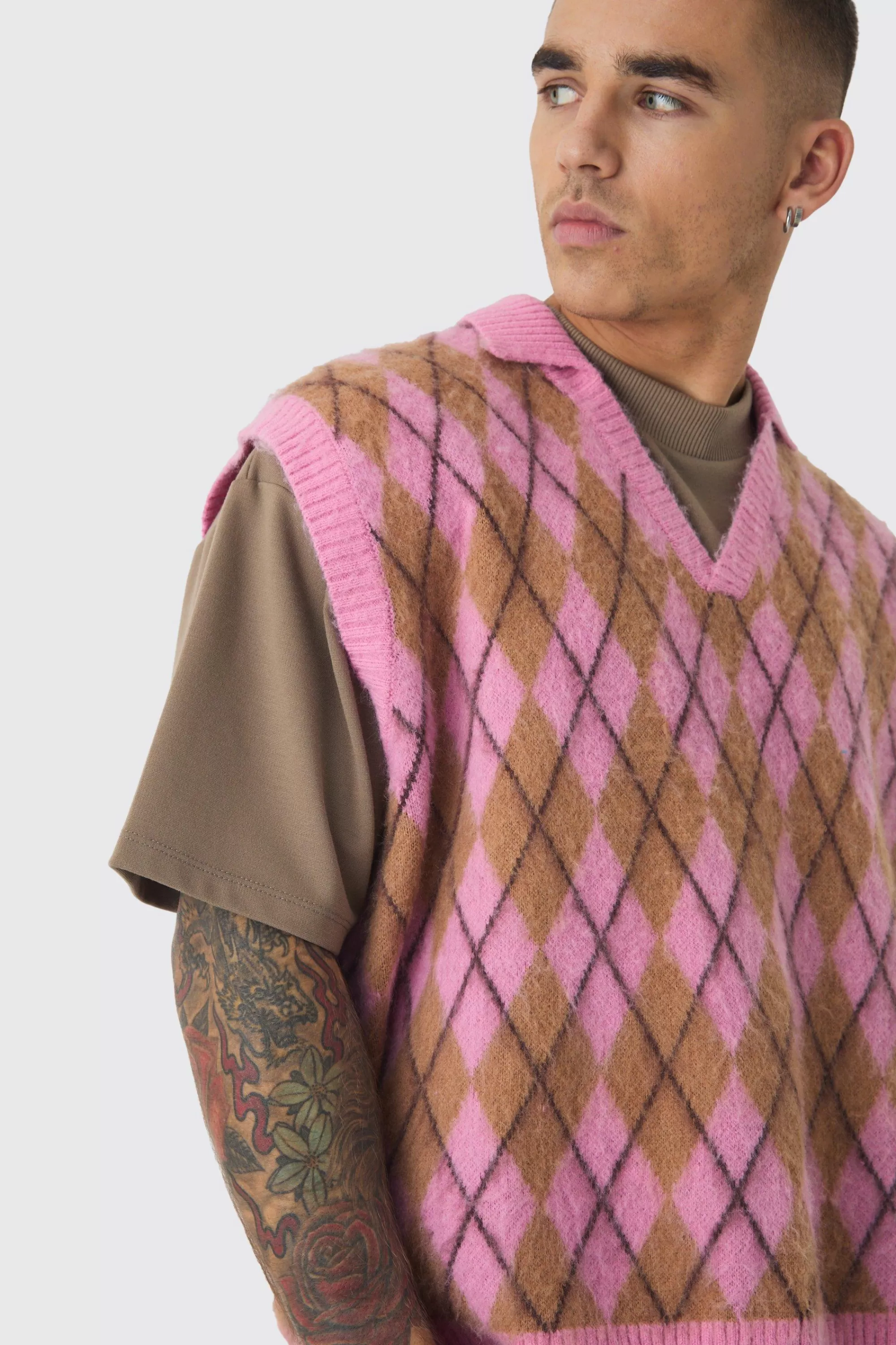 boohooMAN Oversized V Neck Argyle Fluffy Knit Vest | UK light pink Hot