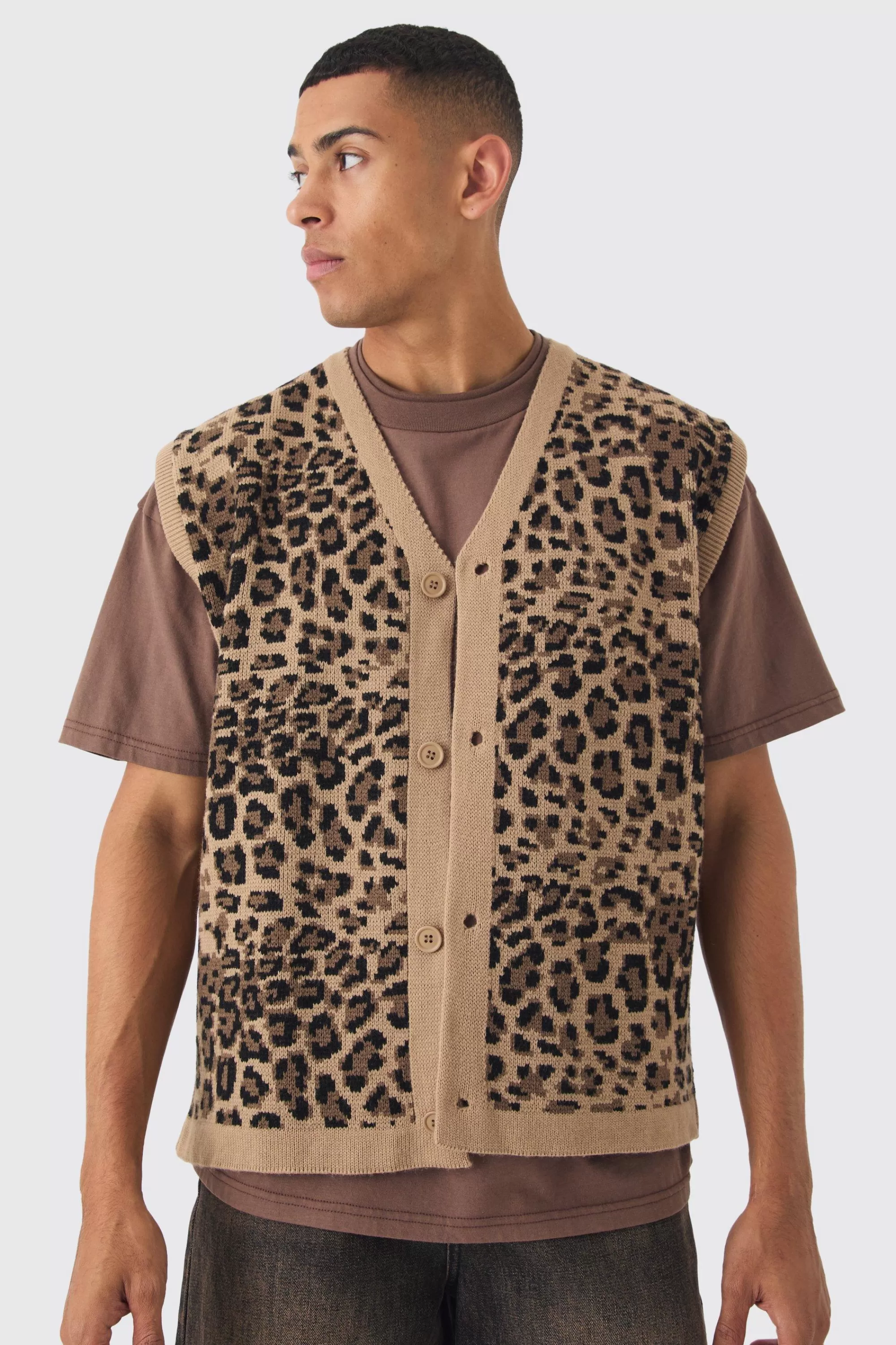 boohooMAN Oversized V Neck Leopard Button Through Knitted Vest | UK brown Best Sale