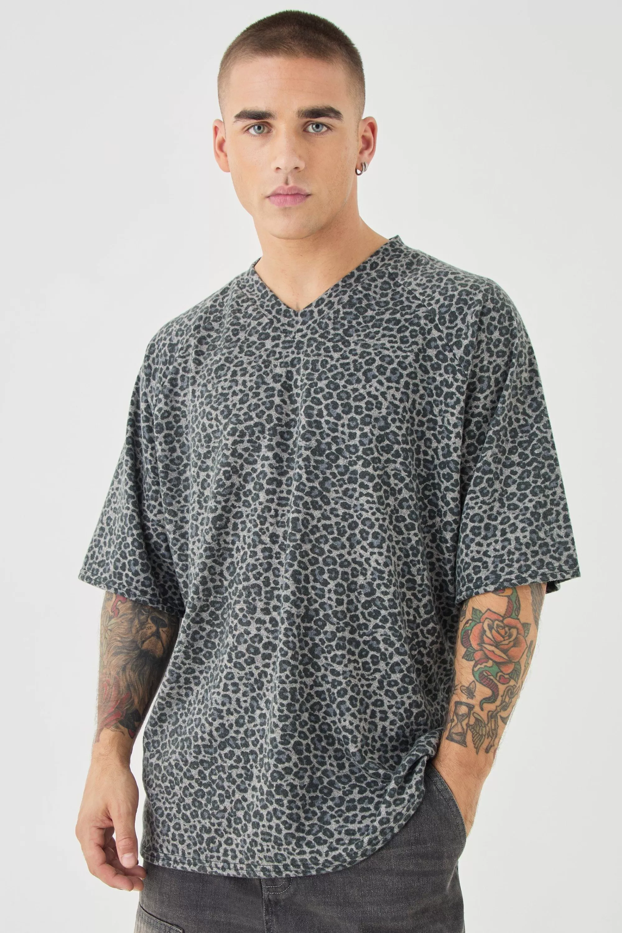 boohooMAN Oversized V Neck Leopard Print Raglan T-shirt | UK brown Best