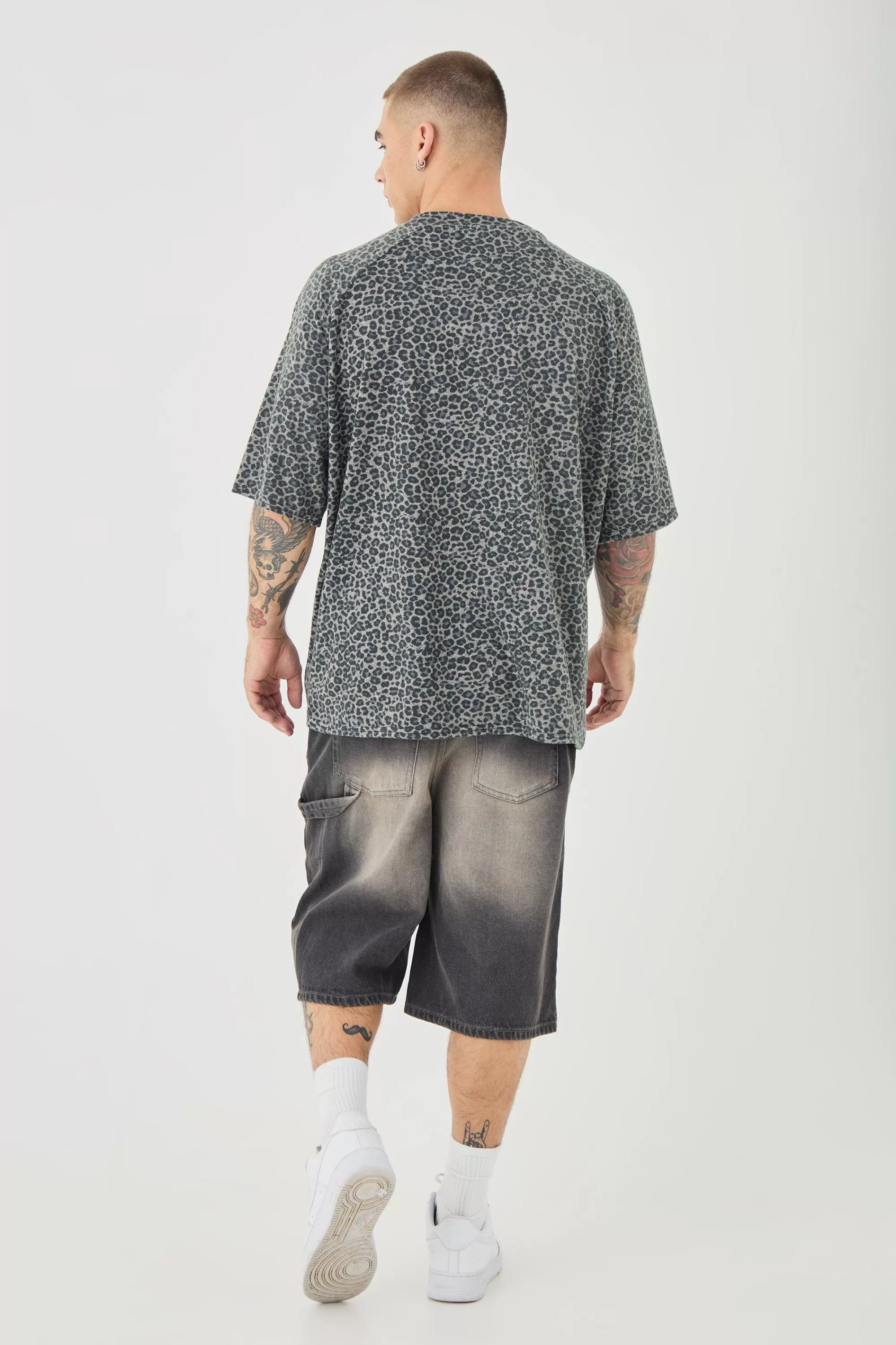 boohooMAN Oversized V Neck Leopard Print Raglan T-shirt | UK brown Best