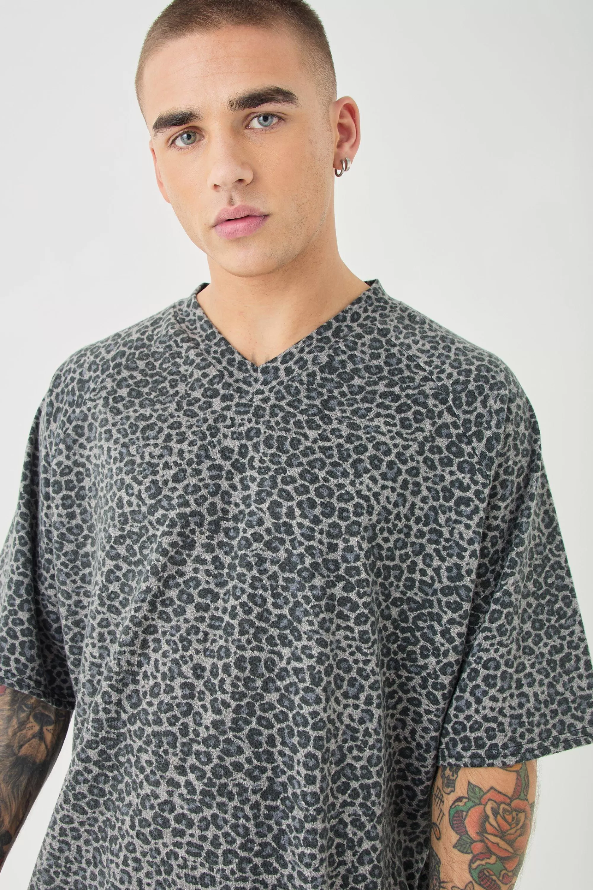 boohooMAN Oversized V Neck Leopard Print Raglan T-shirt | UK brown Best