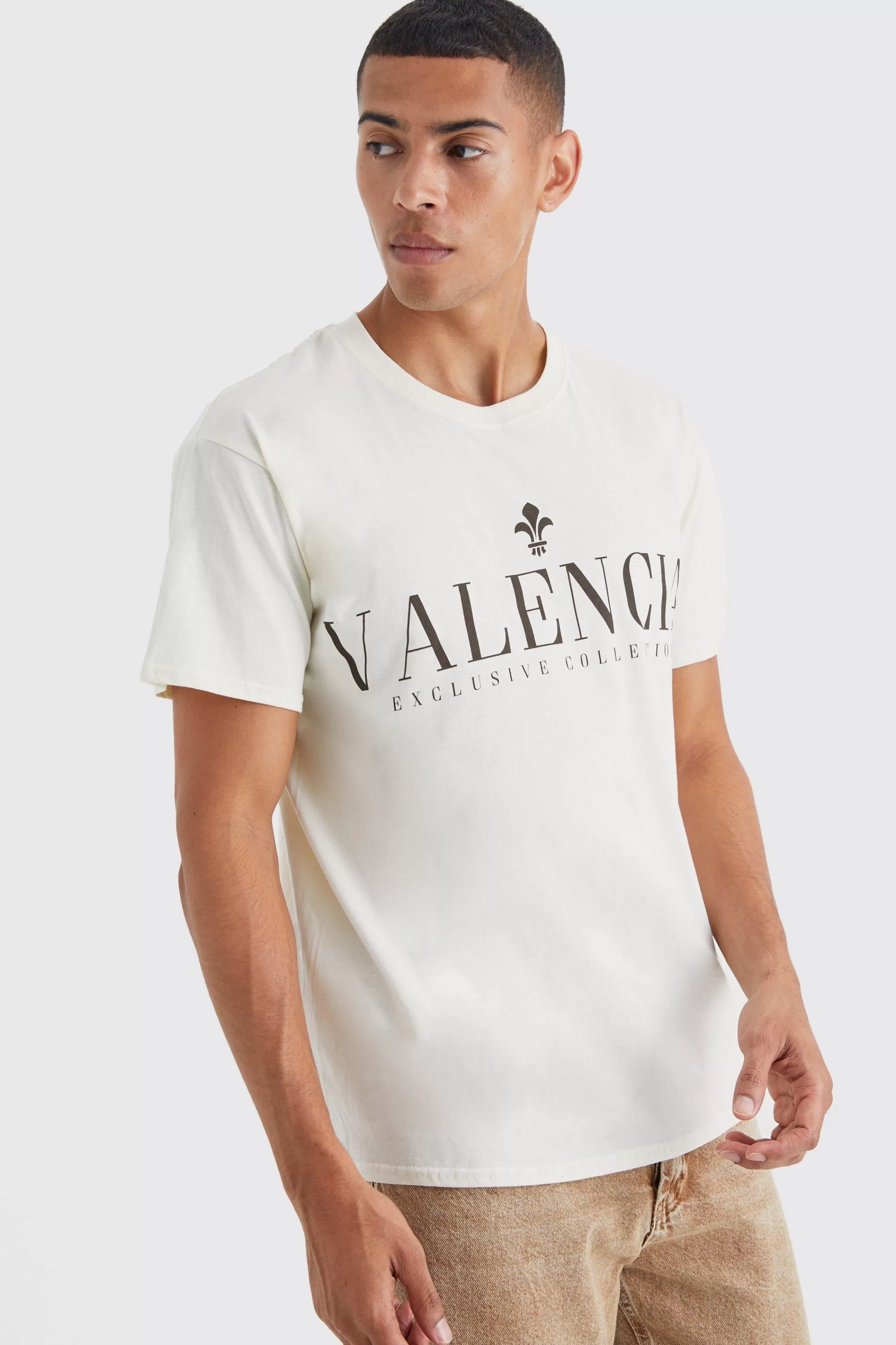 boohooMAN Oversized Valencia Print T-shirt | UK sand Best