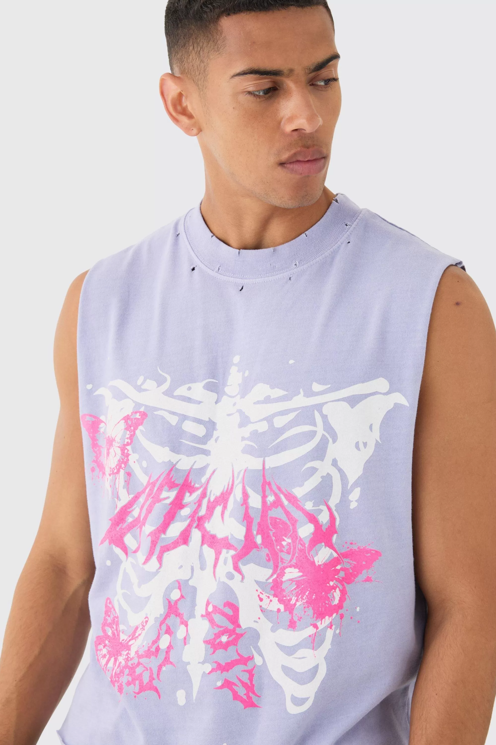 boohooMAN Oversized Wash Boxy Gothic Graffiti Distressed Tank | UK lilac New