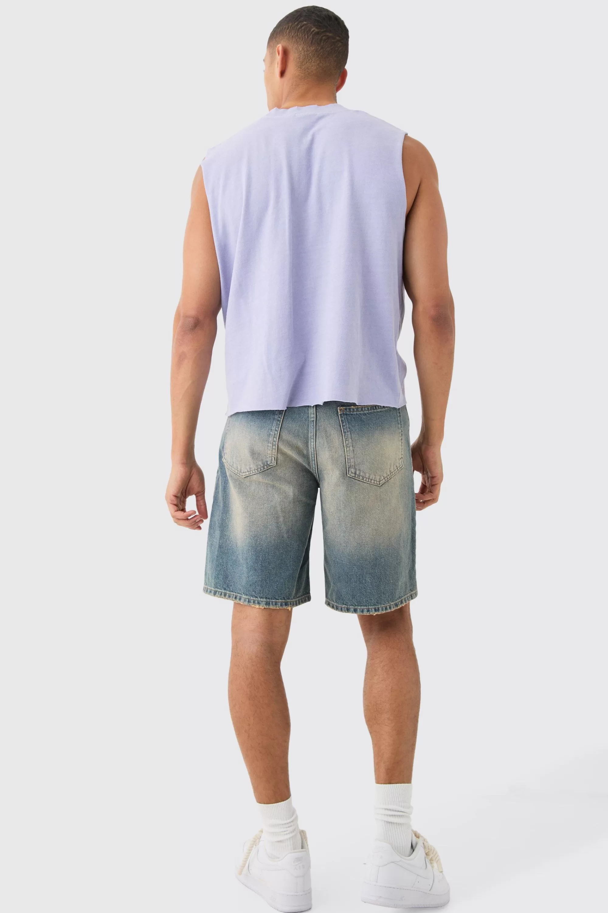 boohooMAN Oversized Wash Boxy Gothic Graffiti Distressed Tank | UK lilac New