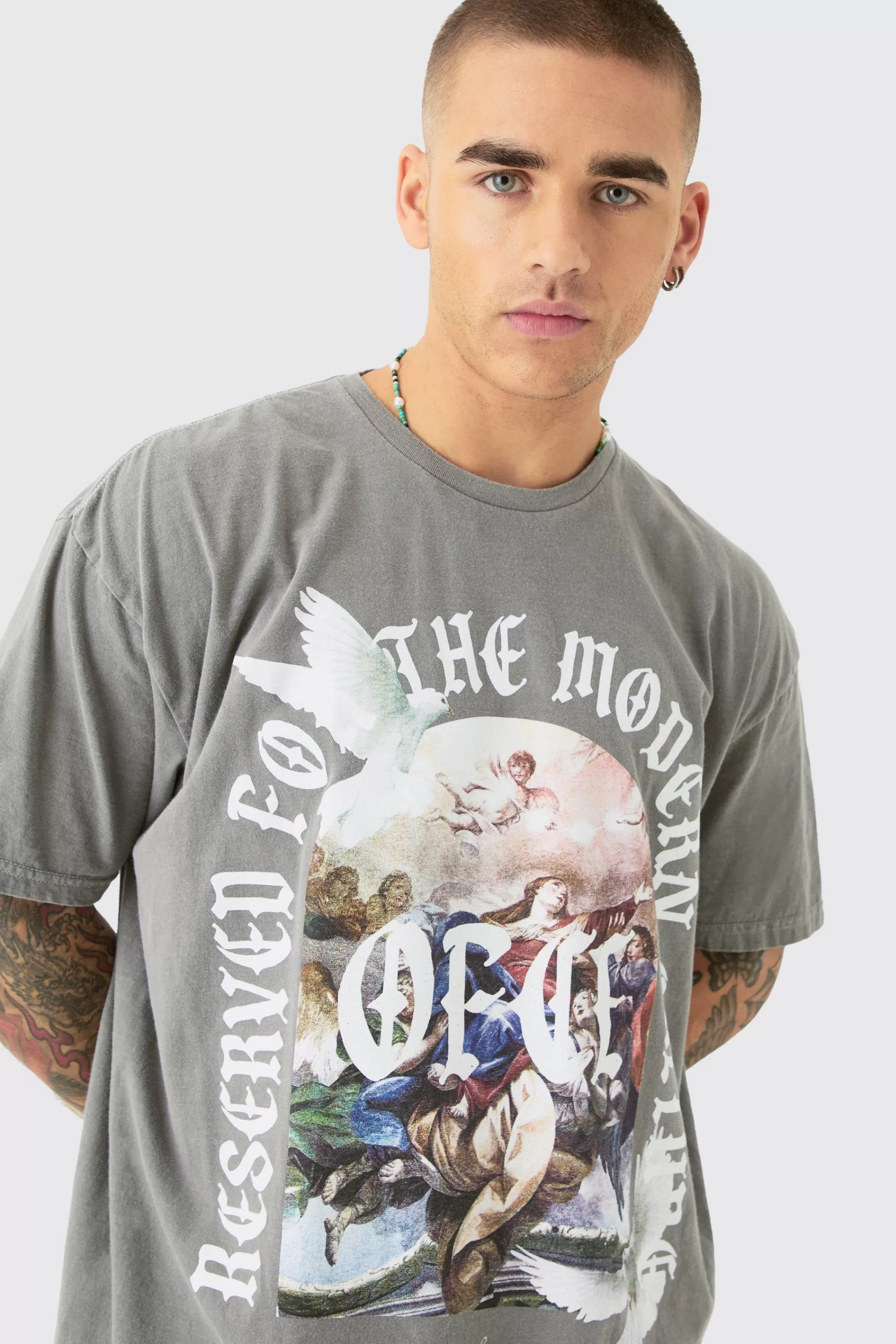 boohooMAN Oversized Wash Renaissance Ofcl Print T-shirt | UK grey Store
