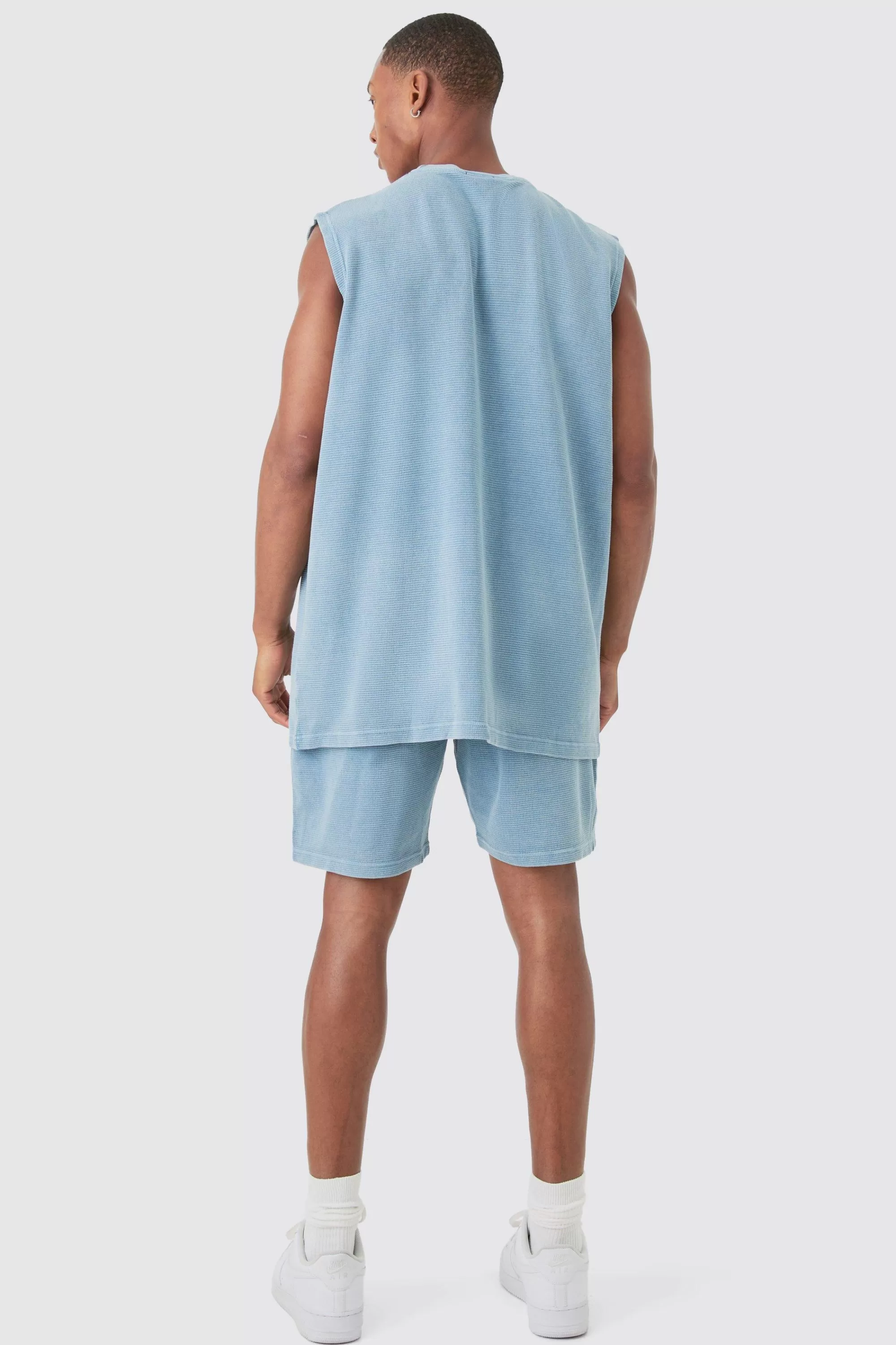 boohooMAN Oversized Washed Heavyweight Waffle Tank & Shorts Set | UK blue Hot