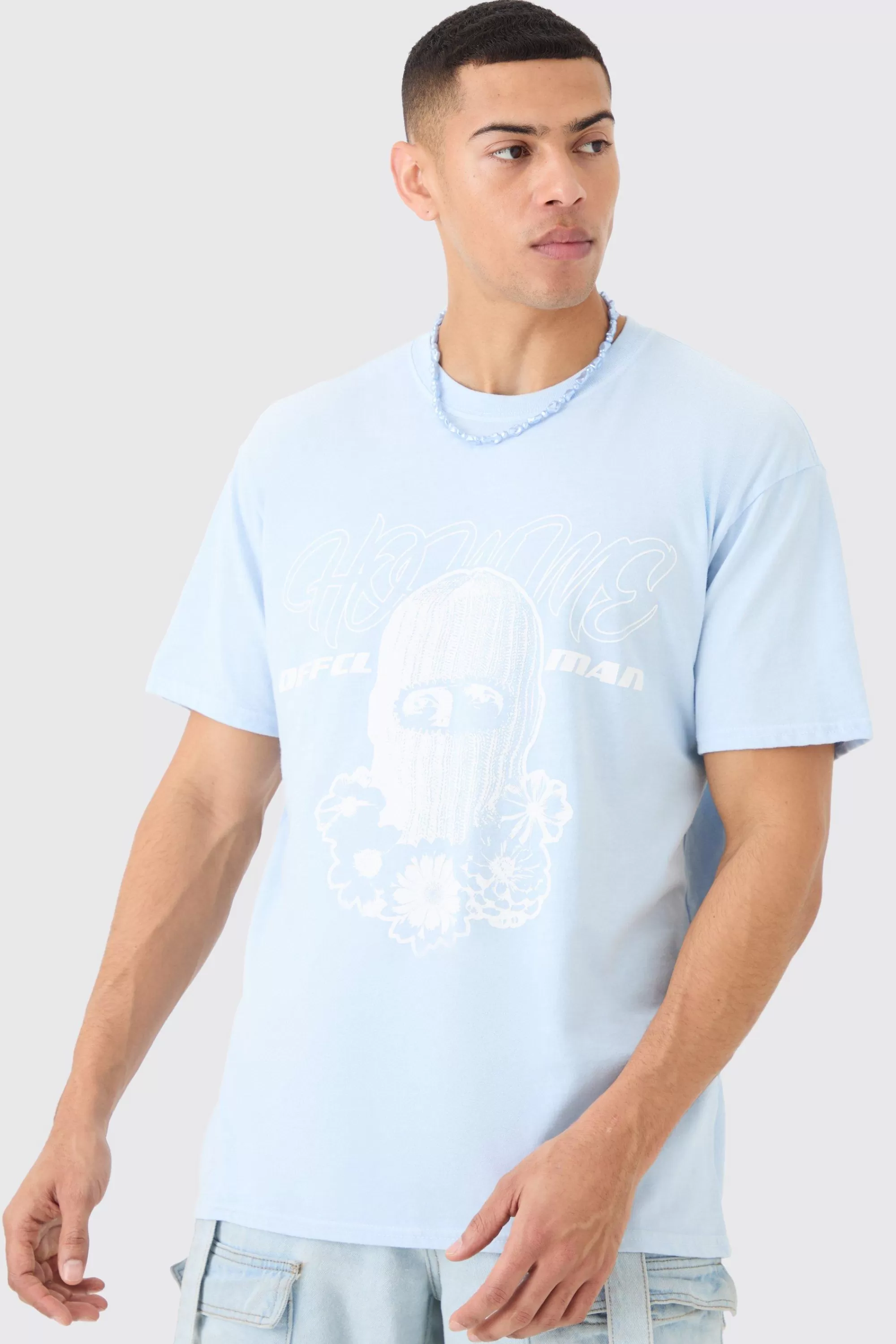 boohooMAN Oversized Washed Homme Mask Graphic T-shirt | UK light blue Online