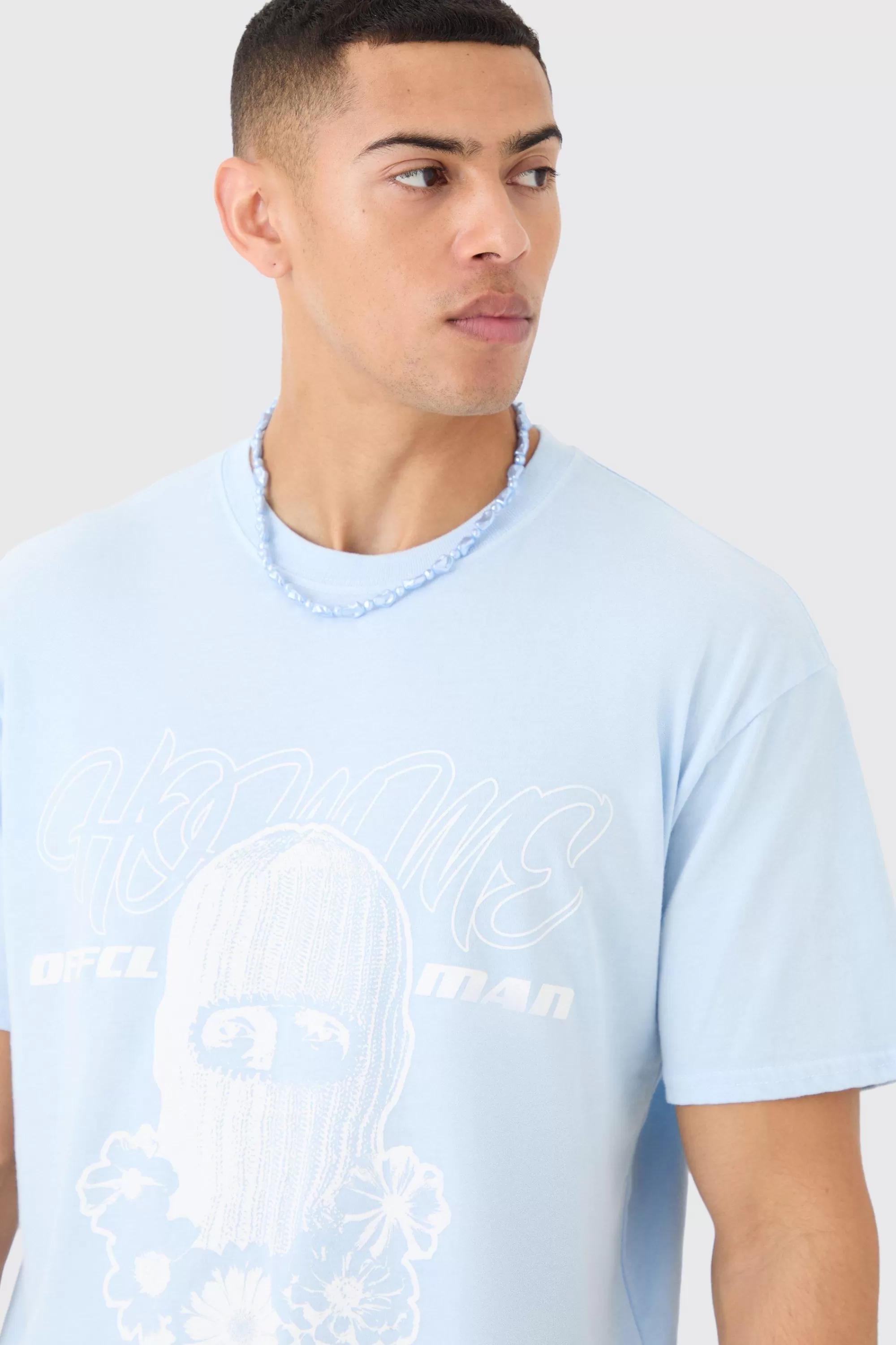 boohooMAN Oversized Washed Homme Mask Graphic T-shirt | UK light blue Online