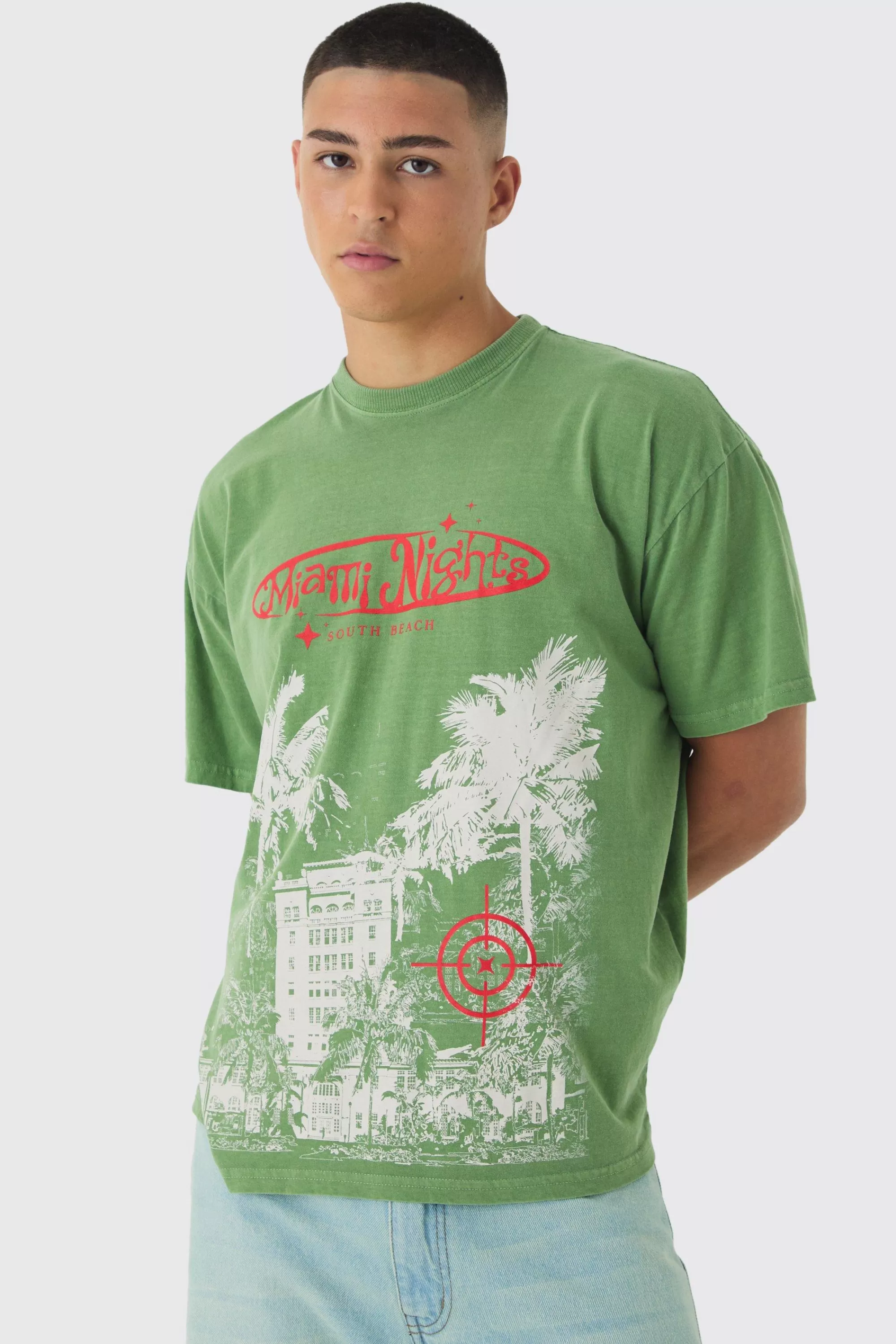 boohooMAN Oversized Washed Miami Nights T-shirt | UK khaki Best Sale