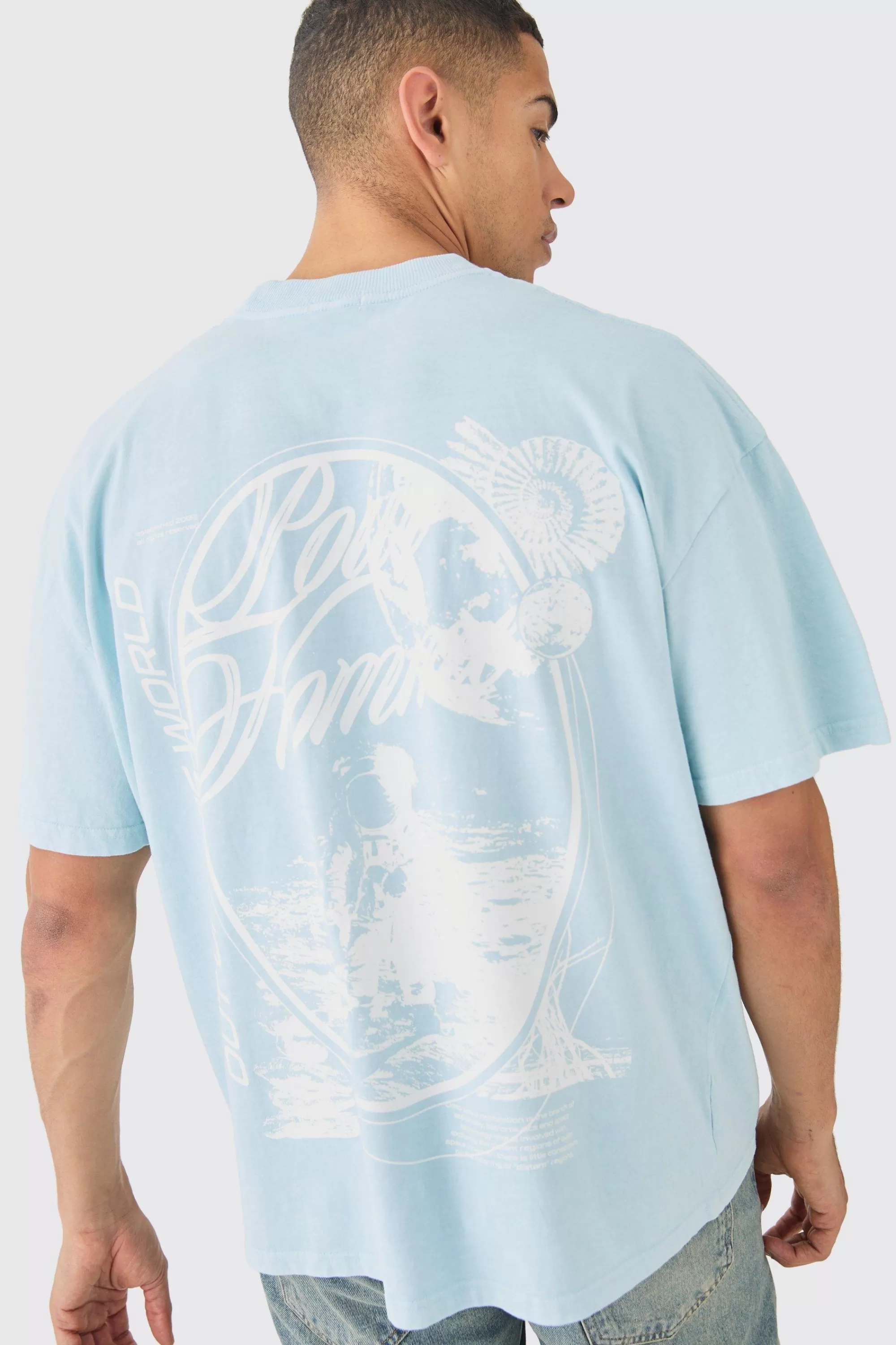 boohooMAN Oversized Washed Pour Homme Space T-shirt | UK light blue Discount