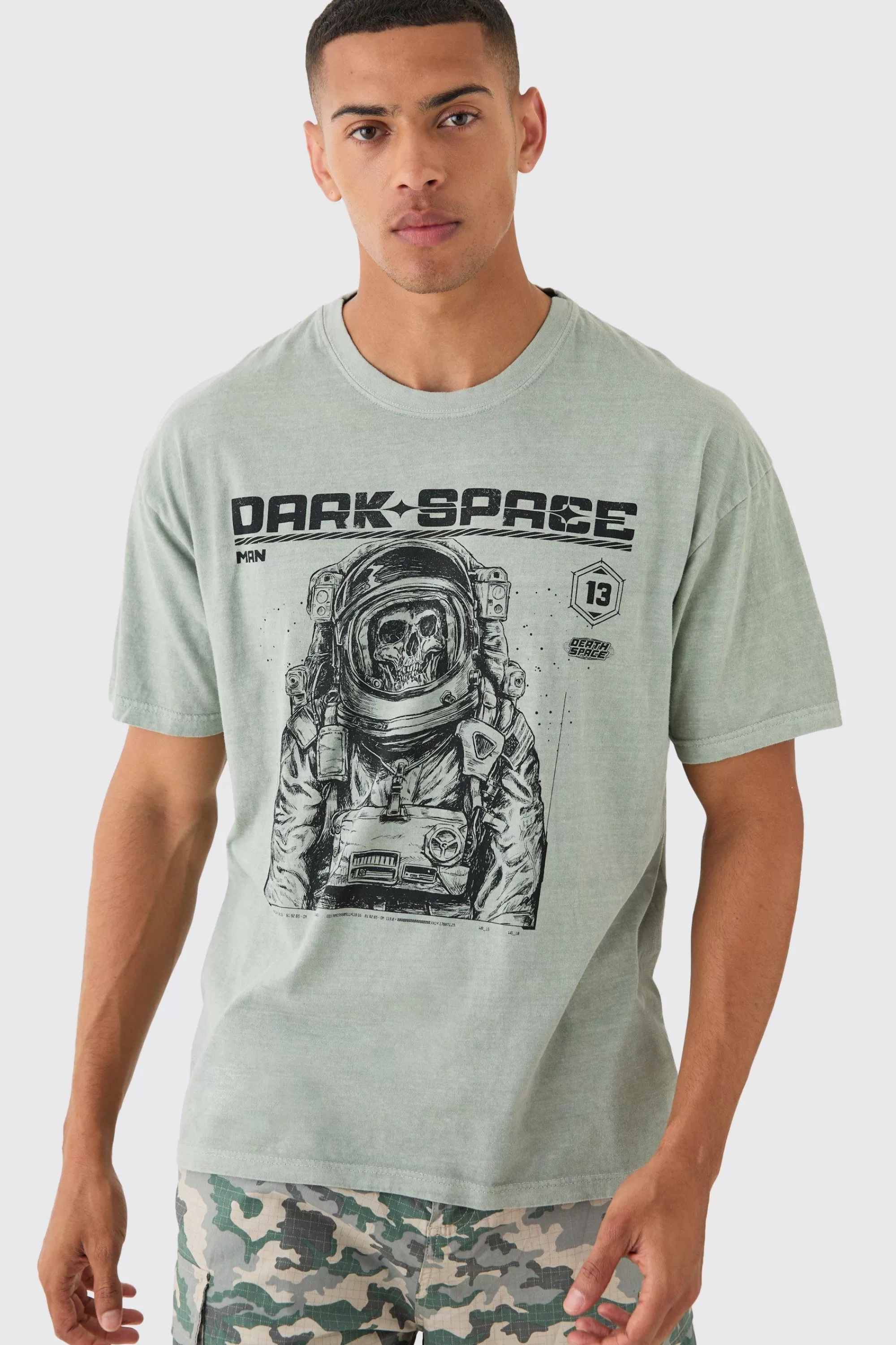boohooMAN Oversized Washed Skeleton Astronaut Graphic T-shirt | UK khaki Shop