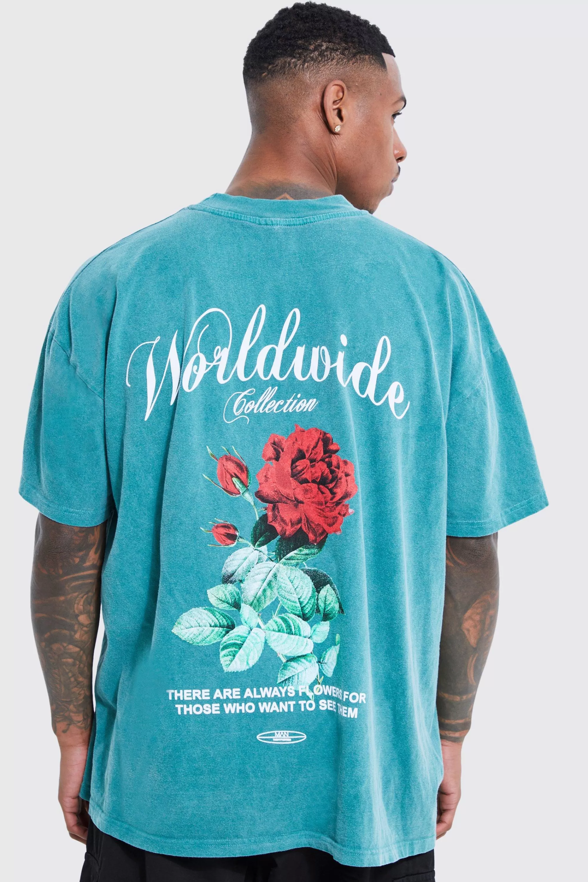 boohooMAN Oversized Washed Worldwide Floral Graphic T-shirt | UK dark green Best Sale