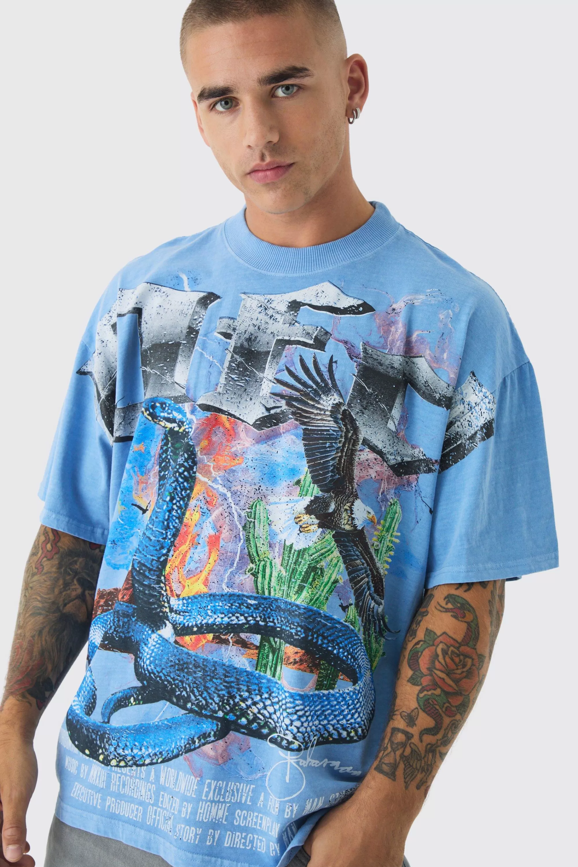 boohooMAN Oversized Western Vintage Cobra Large Scale Wash Print T-Shirt | UK cobalt Best Sale