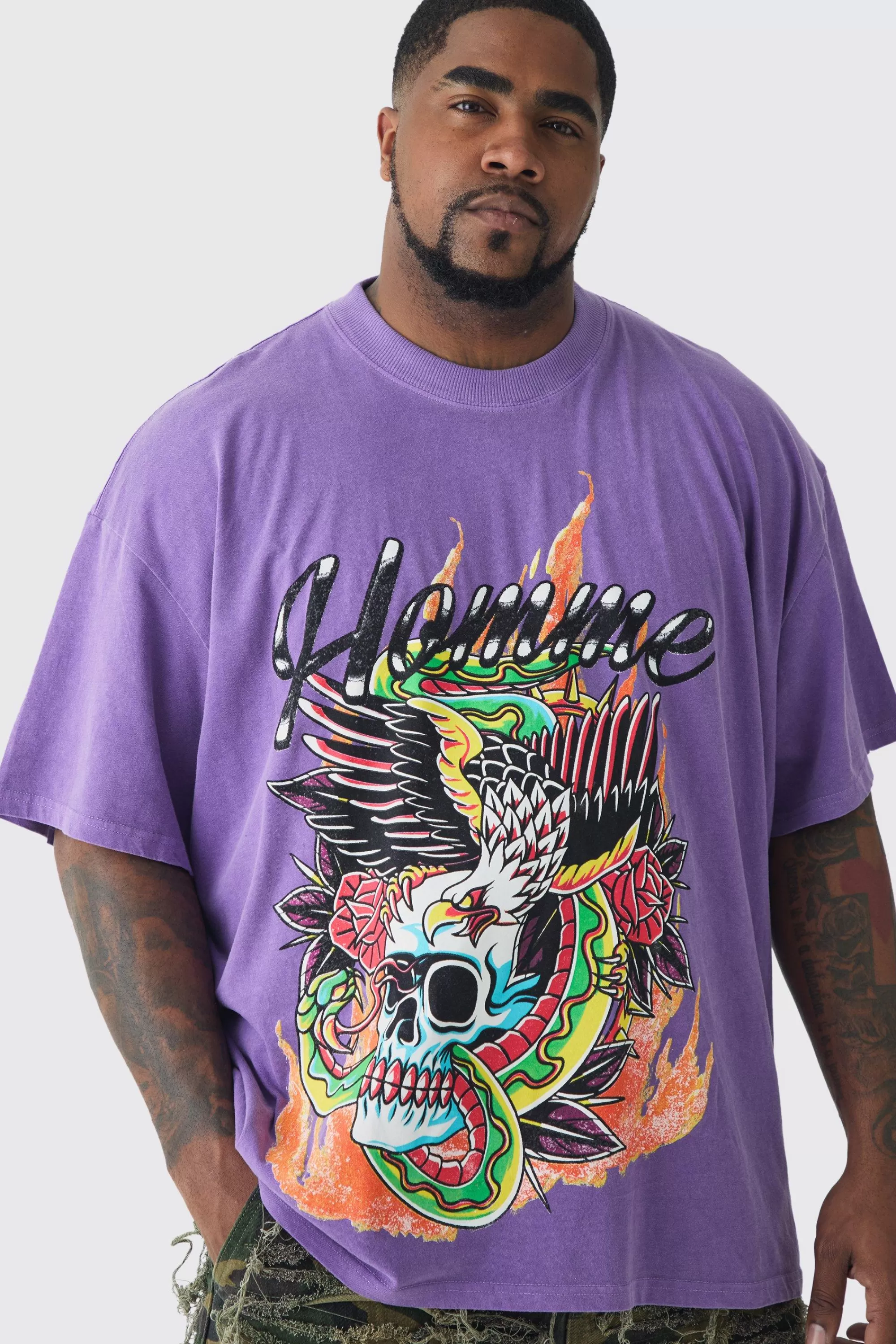 boohooMAN Plus Doodle Skull Homme Printed T-shirt In | UK purple Shop