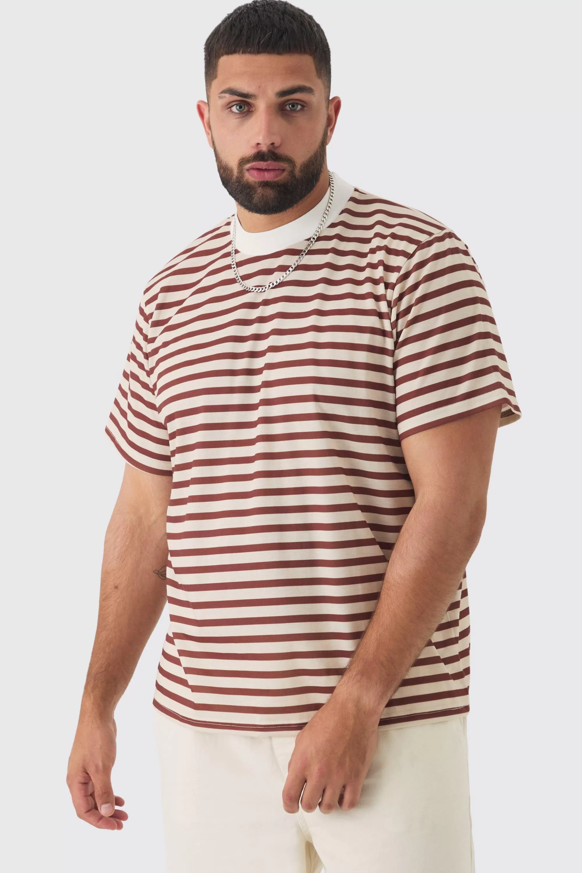 boohooMAN Plus Extended Neck Stripe T-shirt | UK brown Sale