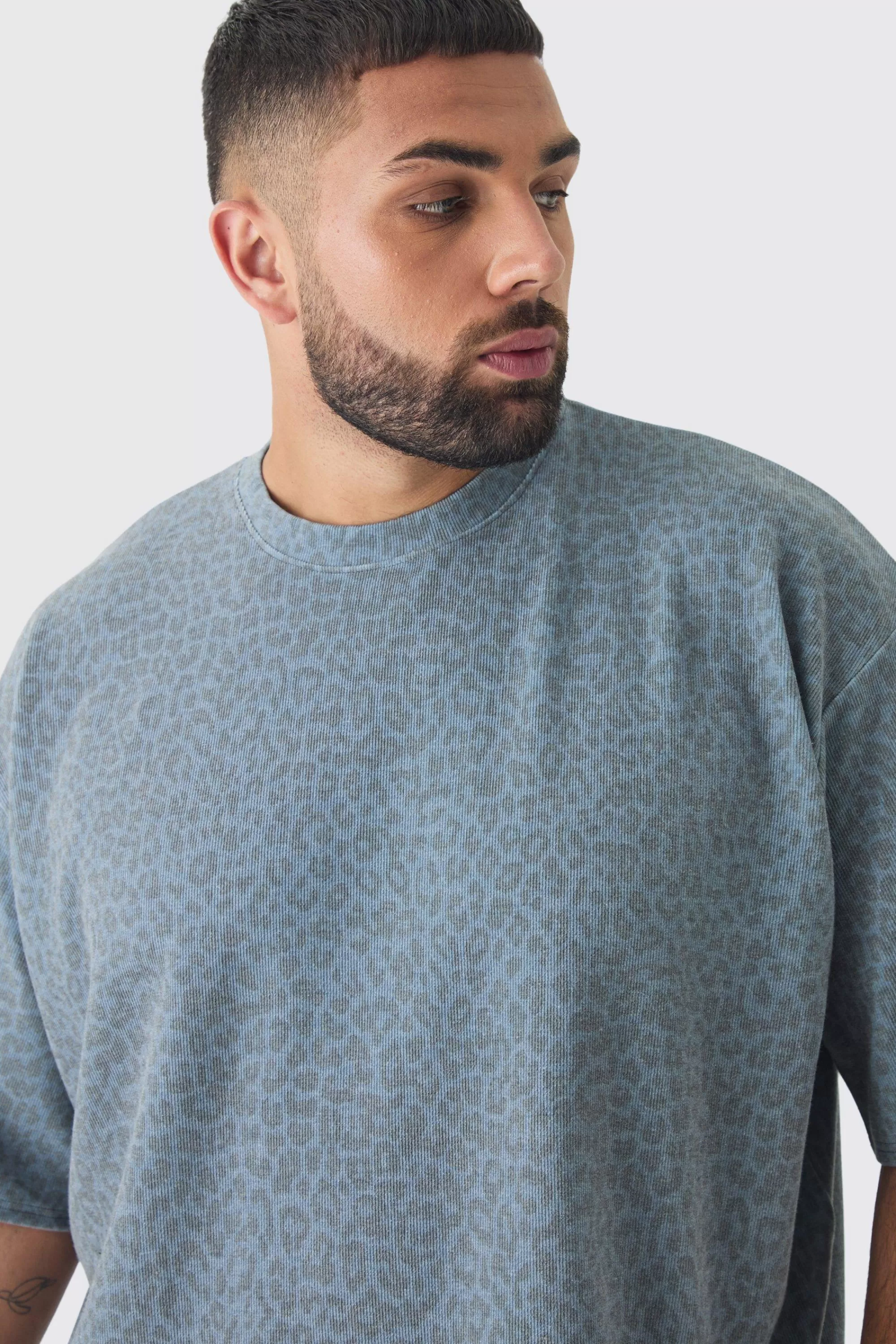 boohooMAN Plus Leopard Compact Rib Boxy Oversized T-Shirt | UK grey Cheap