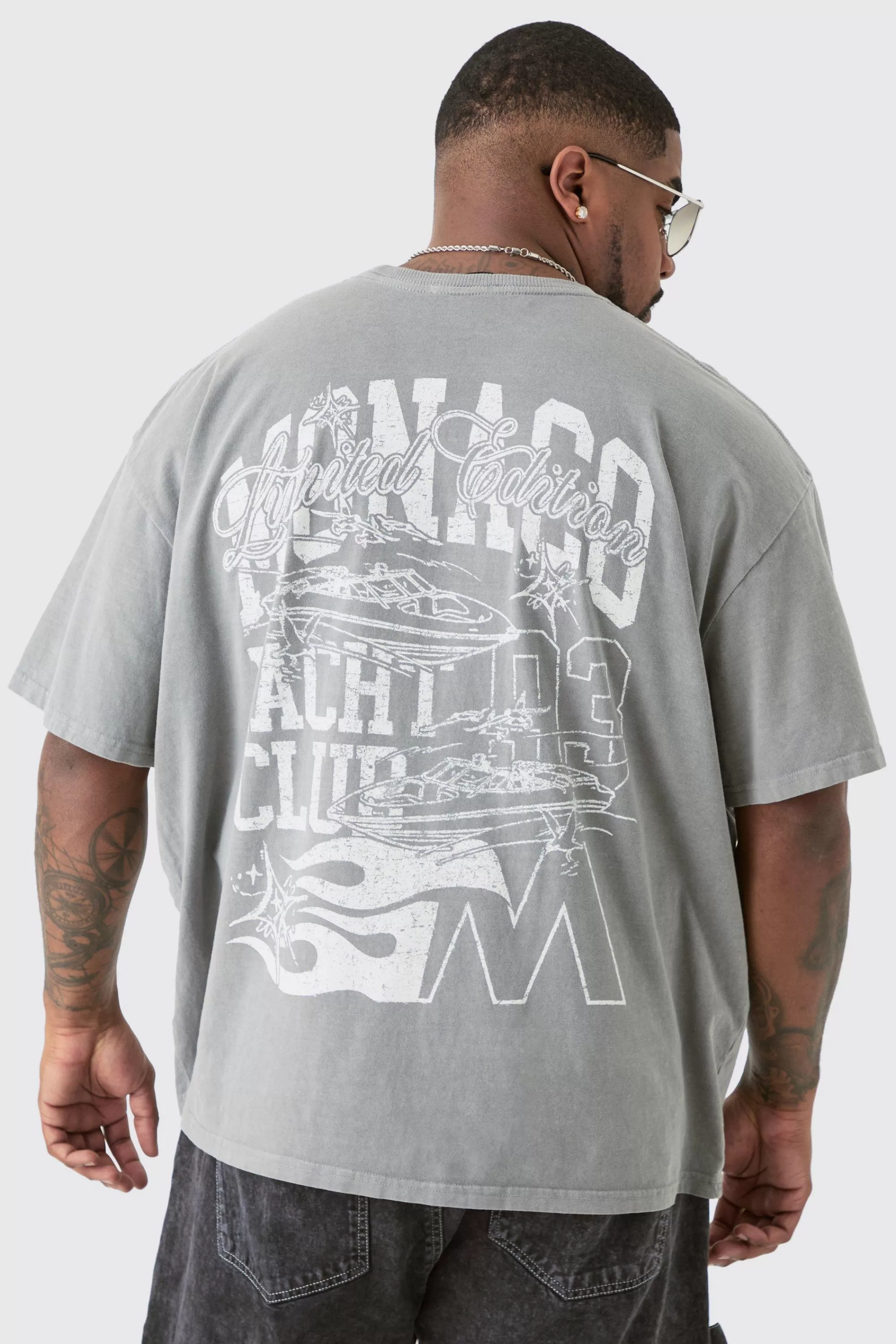 boohooMAN Plus Monaco Moto Back Print Graphic T-shirt In | UK grey Outlet