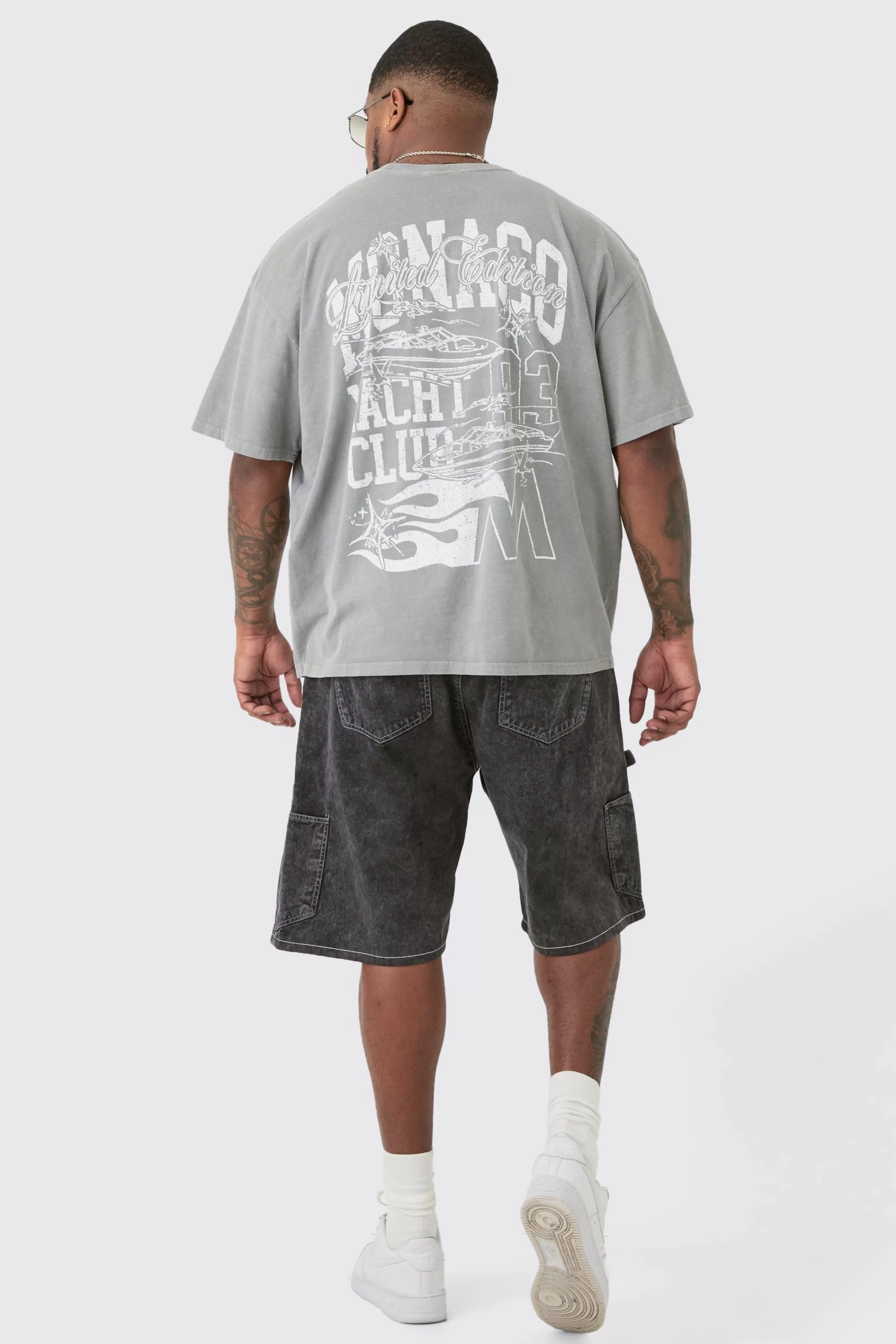 boohooMAN Plus Monaco Moto Back Print Graphic T-shirt In | UK grey Outlet