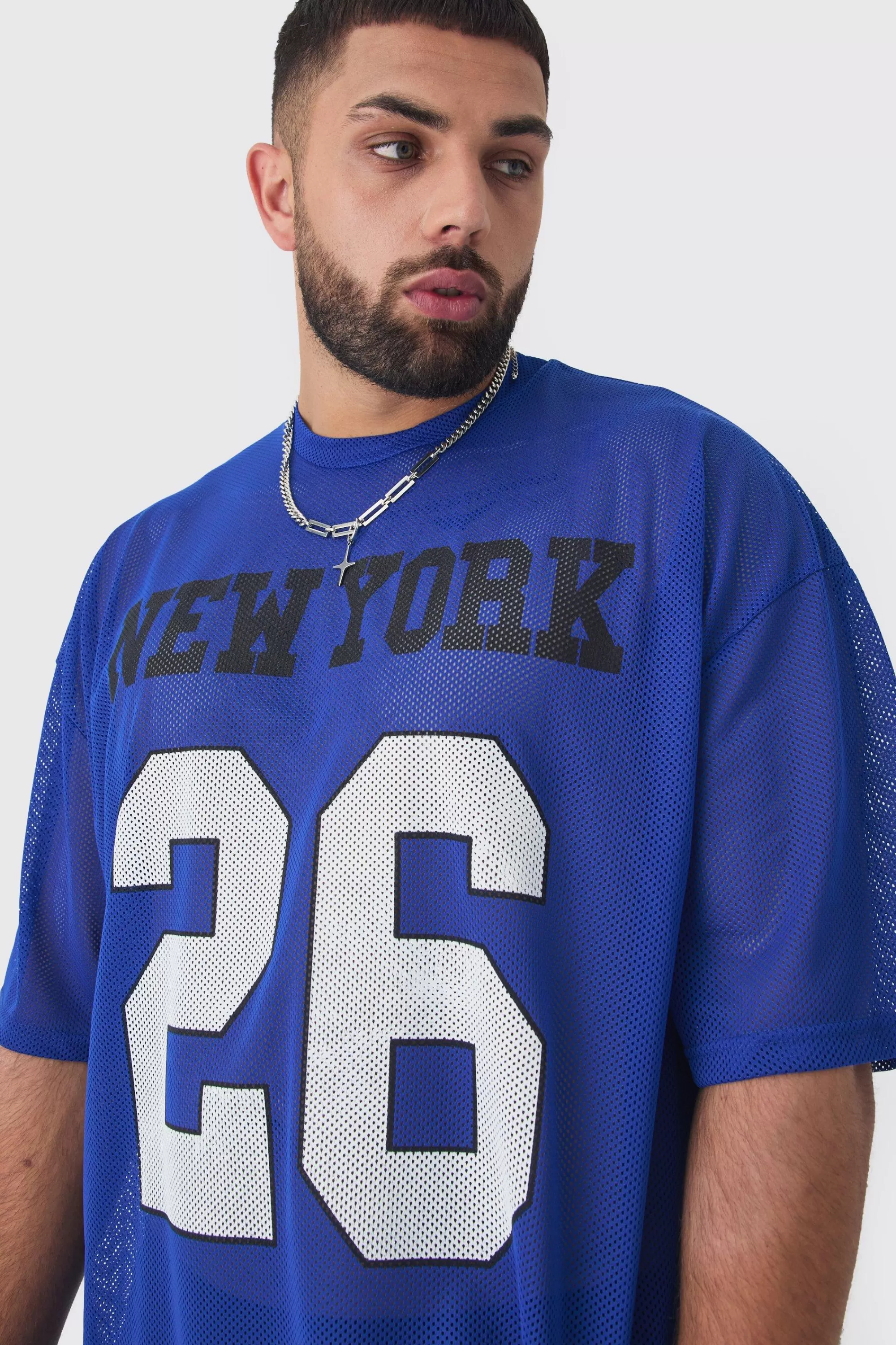 boohooMAN Plus New York Printed Mesh Varsity T-shirt In Blue | UK royal Discount