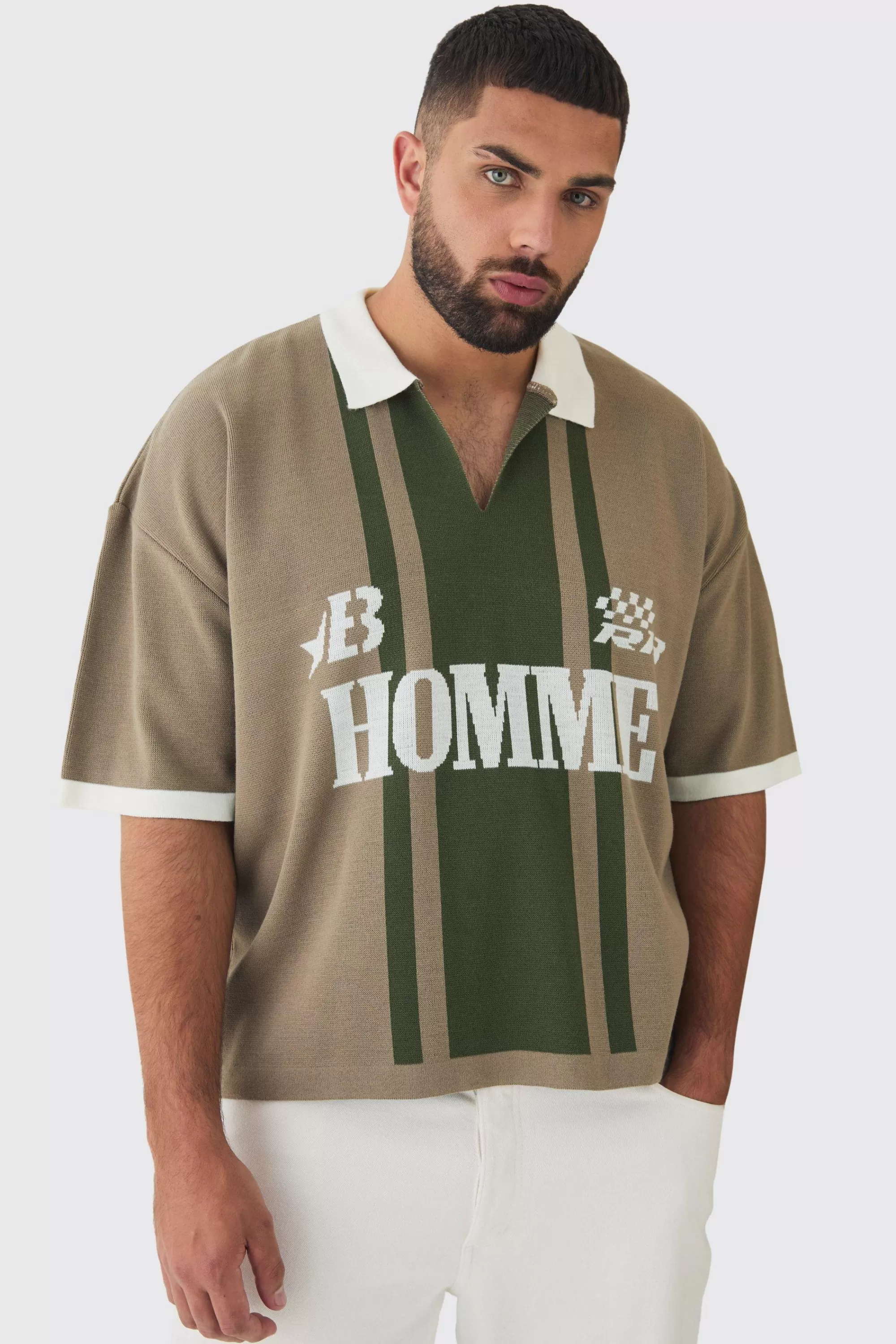 boohooMAN Plus Oversized Boxy Football Knitted Polo Shirt | UK taupe Online