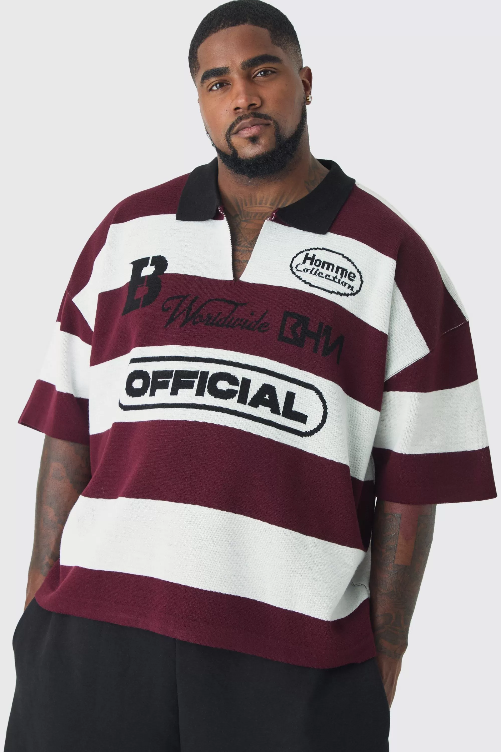 boohooMAN Plus Oversized Boxy Football Knitted Polo Shirt | UK burgundy Discount