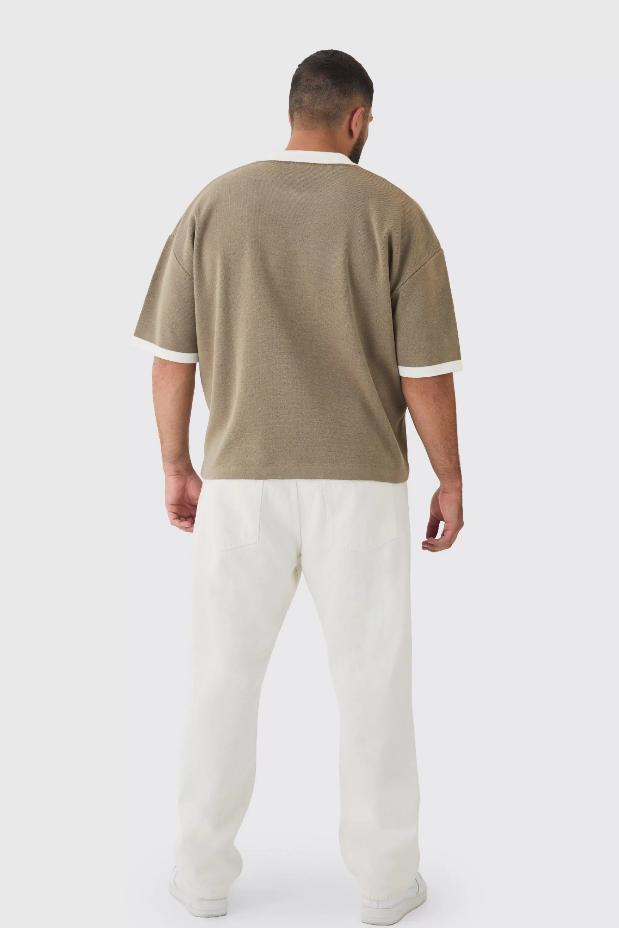 boohooMAN Plus Oversized Boxy Football Knitted Polo Shirt | UK taupe Online